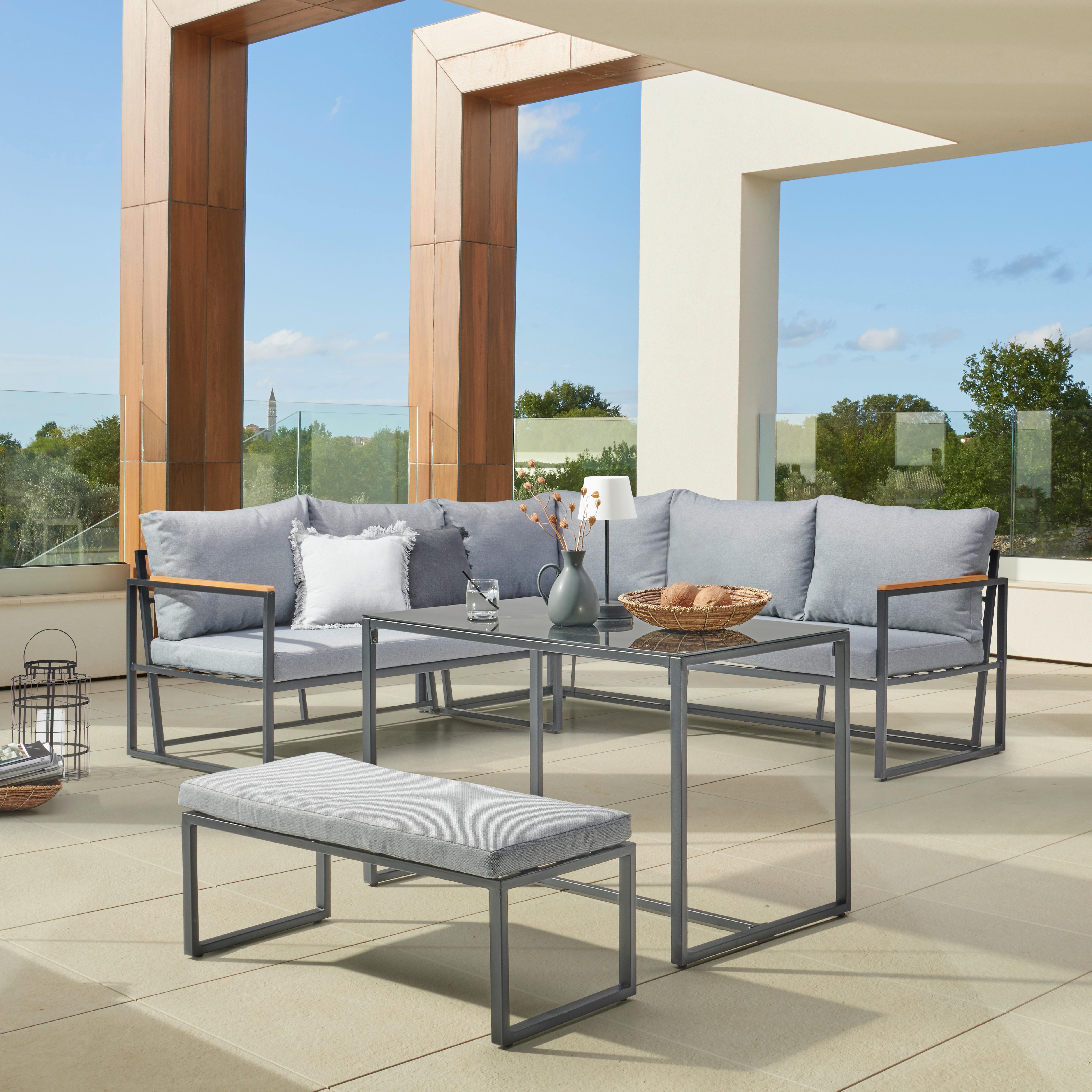 Loungegarnitur 3-Tlg. Catania Stahl/Holz/Textil mit Kissen - Schwarz/Grau, MODERN, Glas/Holz (206/206cm) - Beldano
