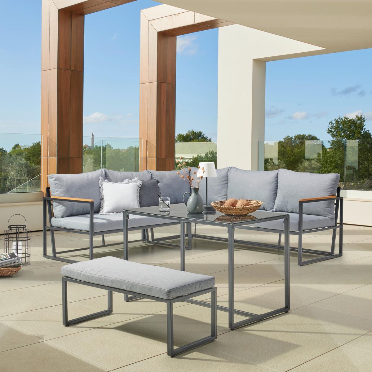 Loungegarnitur 3-tlg. Catania Stahl/holz/textil Mit Kissen - Schwarz/Grau, MODERN, Glas/Holz (206/206cm) - Beldano