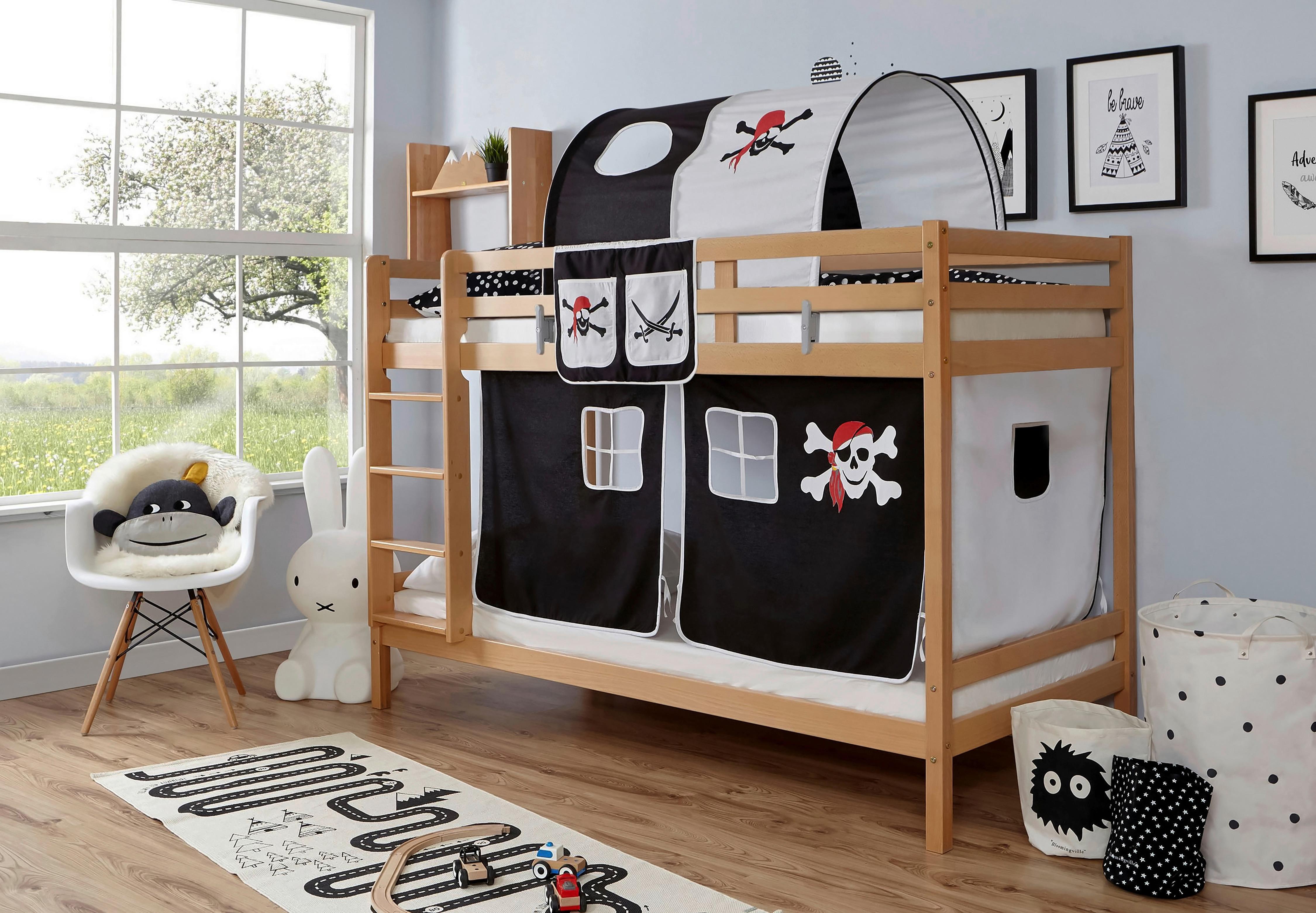 Etagenbett Rene Buche Massiv mit Leiter + Spielzubehör - Naturfarben/Weiß, MODERN, Holz/Textil (90/200cm) - MID.YOU