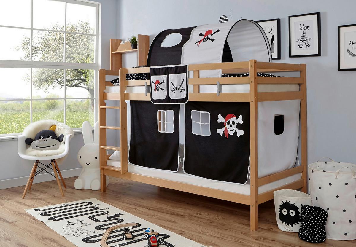 Etagenbett Rene Buche Massiv mit Leiter + Spielzubehör - Naturfarben/Weiß, MODERN, Holz/Textil (90/200cm) - MID.YOU