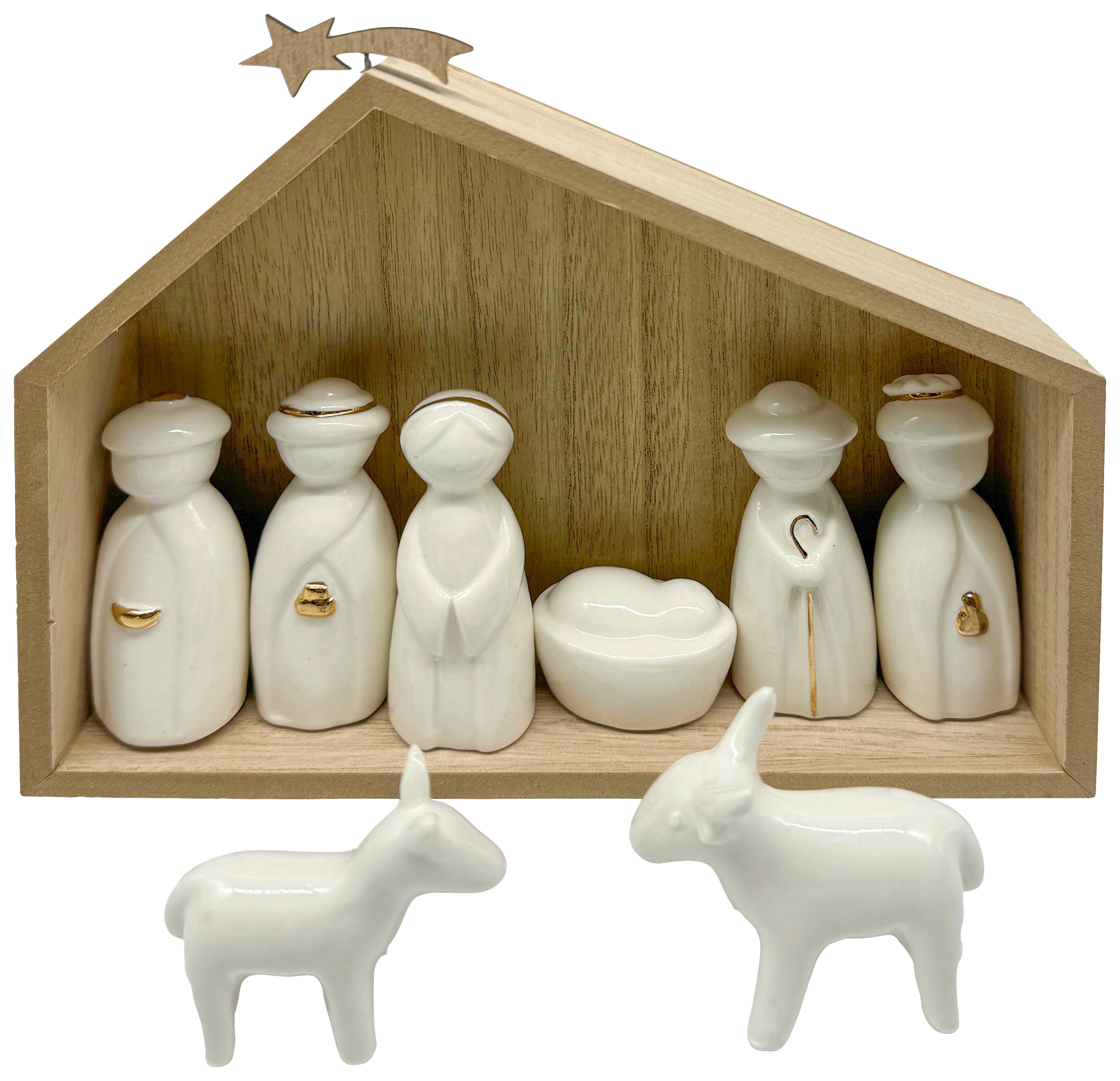 Jasličky 8 figúriek - biela/zlatá, Konventionell, kompozitné drevo/keramika (20/18/4,8cm) - Mömax