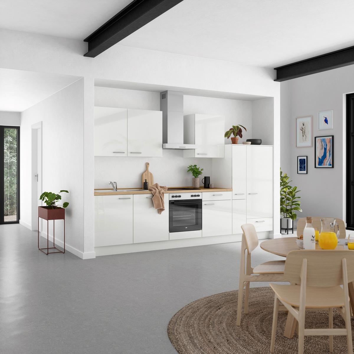 Kuchyňská linka 330 cm, alpská bílá vysoký lesk - barvy dubu/vysoce lesklá bílá, Moderní, kov/kompozitní dřevo (330cm) - Nobilia
