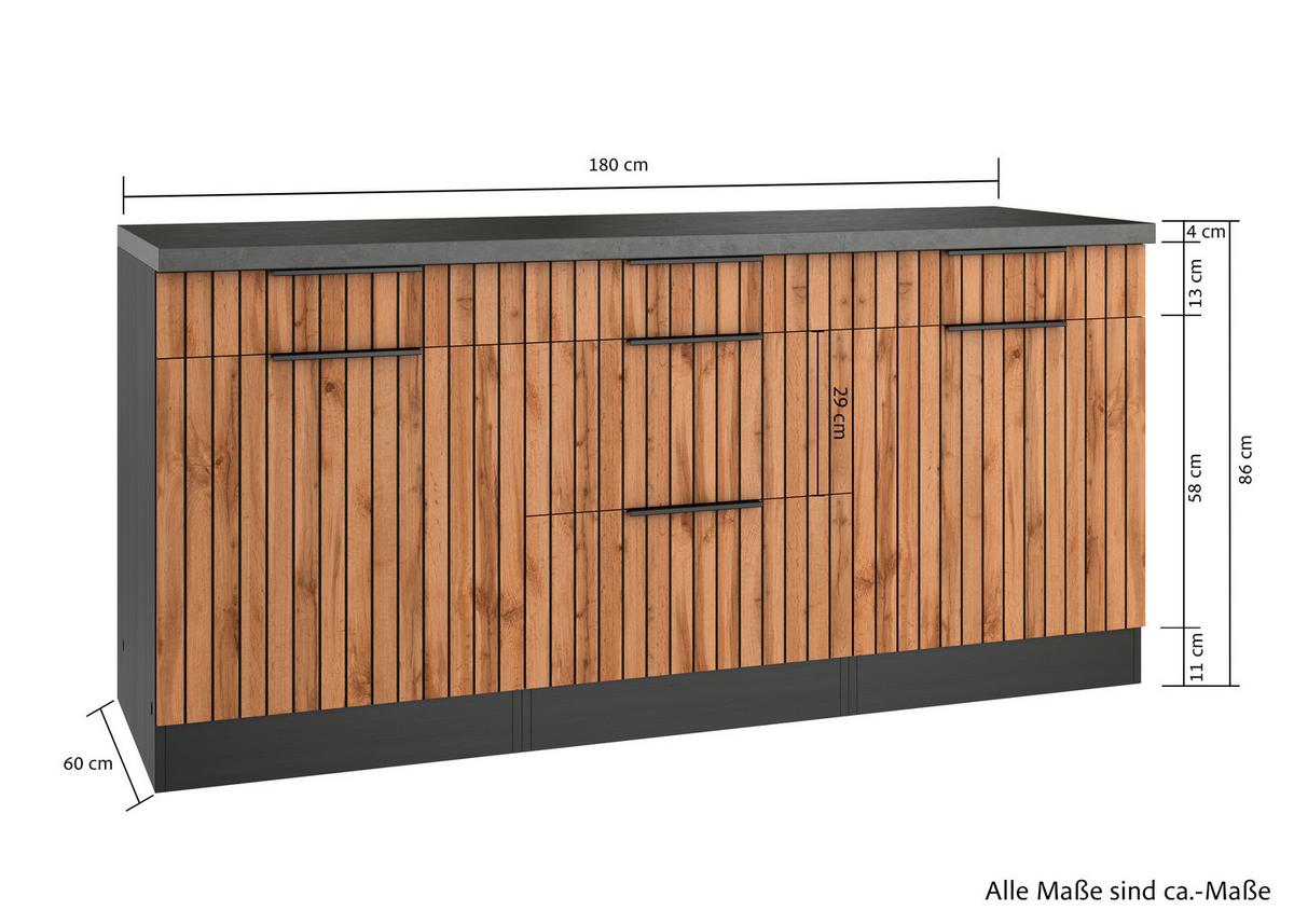 Küchenunterschrank Liverpool Graphit, Eiche Dekor B: 180 Cm - Schieferfarben/Eiche Wotan, Basics, Holzwerkstoff (180/85/60cm) - Held