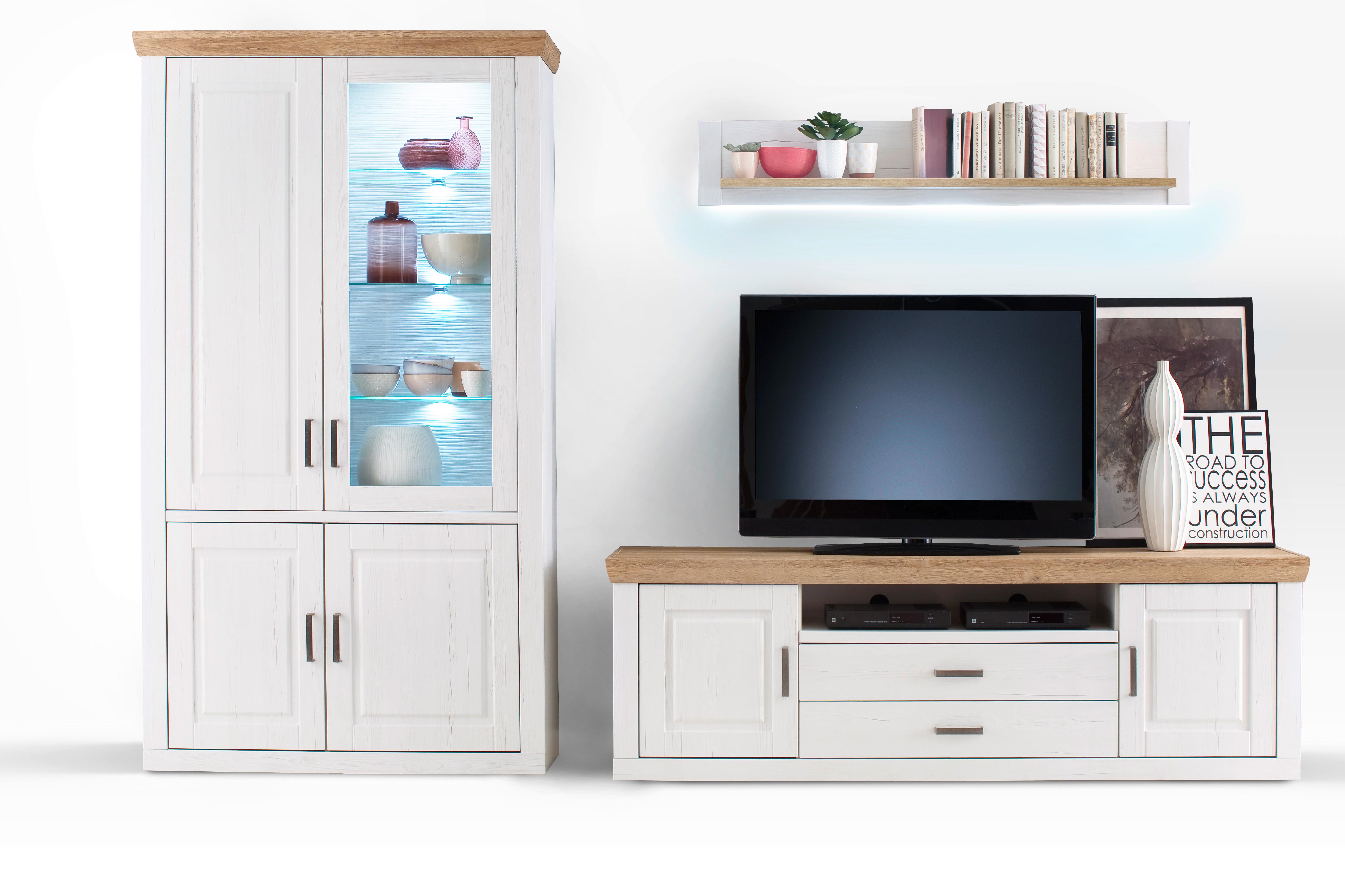 Wohnkombination 3-Tlg. Brixen Eiche/Pinie Dekor - Pinienfarben, Design, Glas/Holzwerkstoff (326/210/52cm) - Livetastic