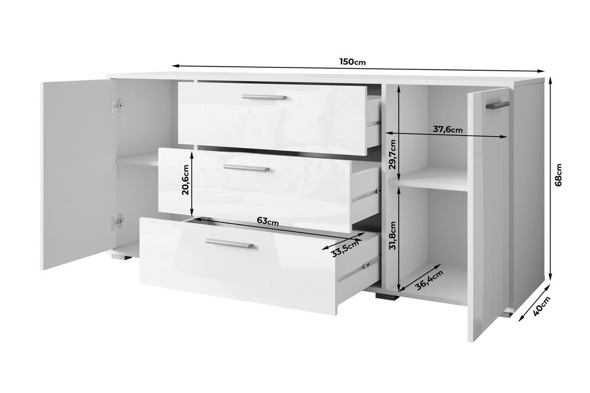 Sideboard 150cm Bogota Xl Grau - Weiß Hochglanz/Eiche Wotan, Basics, Holzwerkstoff (150/68/40cm) - MID.YOU