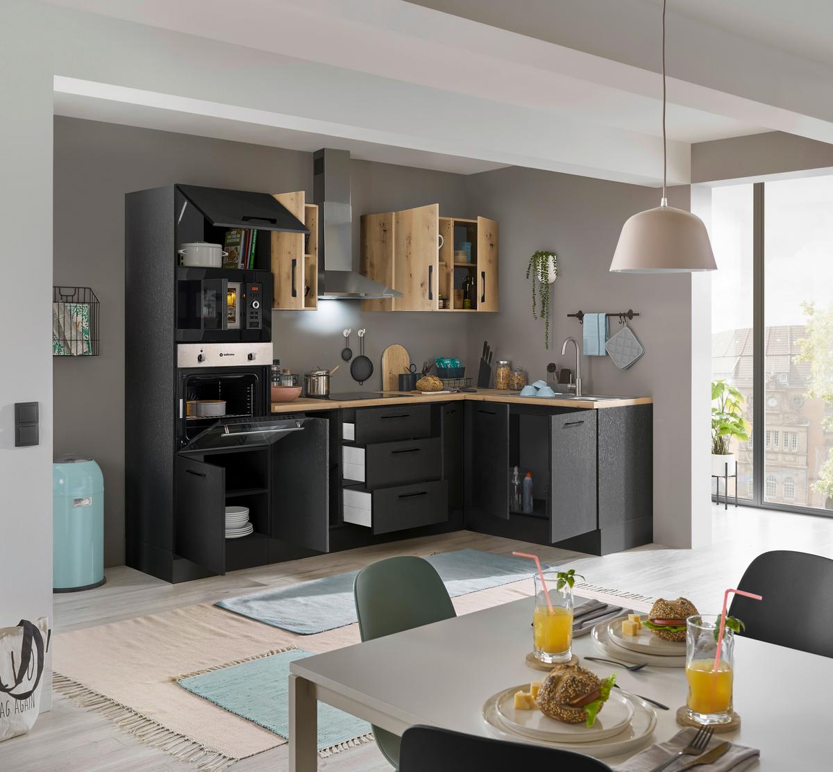 Eckküche Turin Schwarz/Eiche Dekor 270x165 cm - Schwarz/Eiche Artisan, Basics, Holzwerkstoff (270/165cm) - MID.YOU