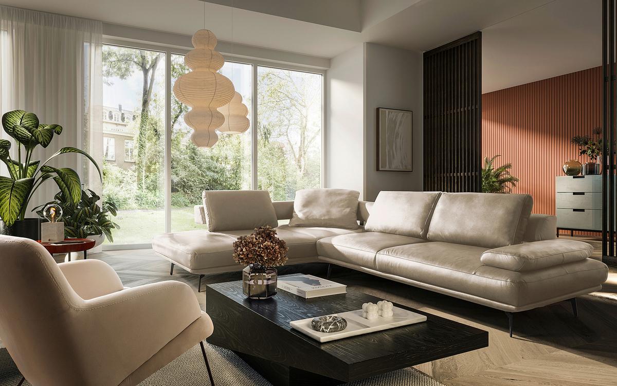 Ecksofa Como Echtleder Creme 237x306 - Creme/Schwarz, Design, Leder (237/306cm) - Livetastic