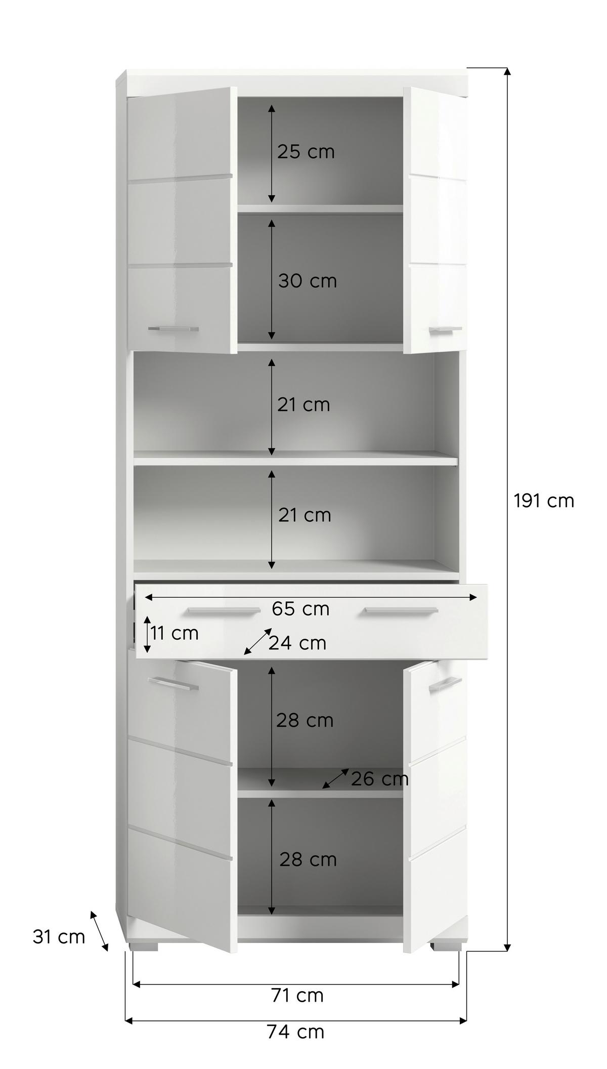 Hochschrank Scout Weiß Hg B: 74 cm - Weiß Hochglanz/Silberfarben, MODERN, Holzwerkstoff (74/191/31cm) - MID.YOU