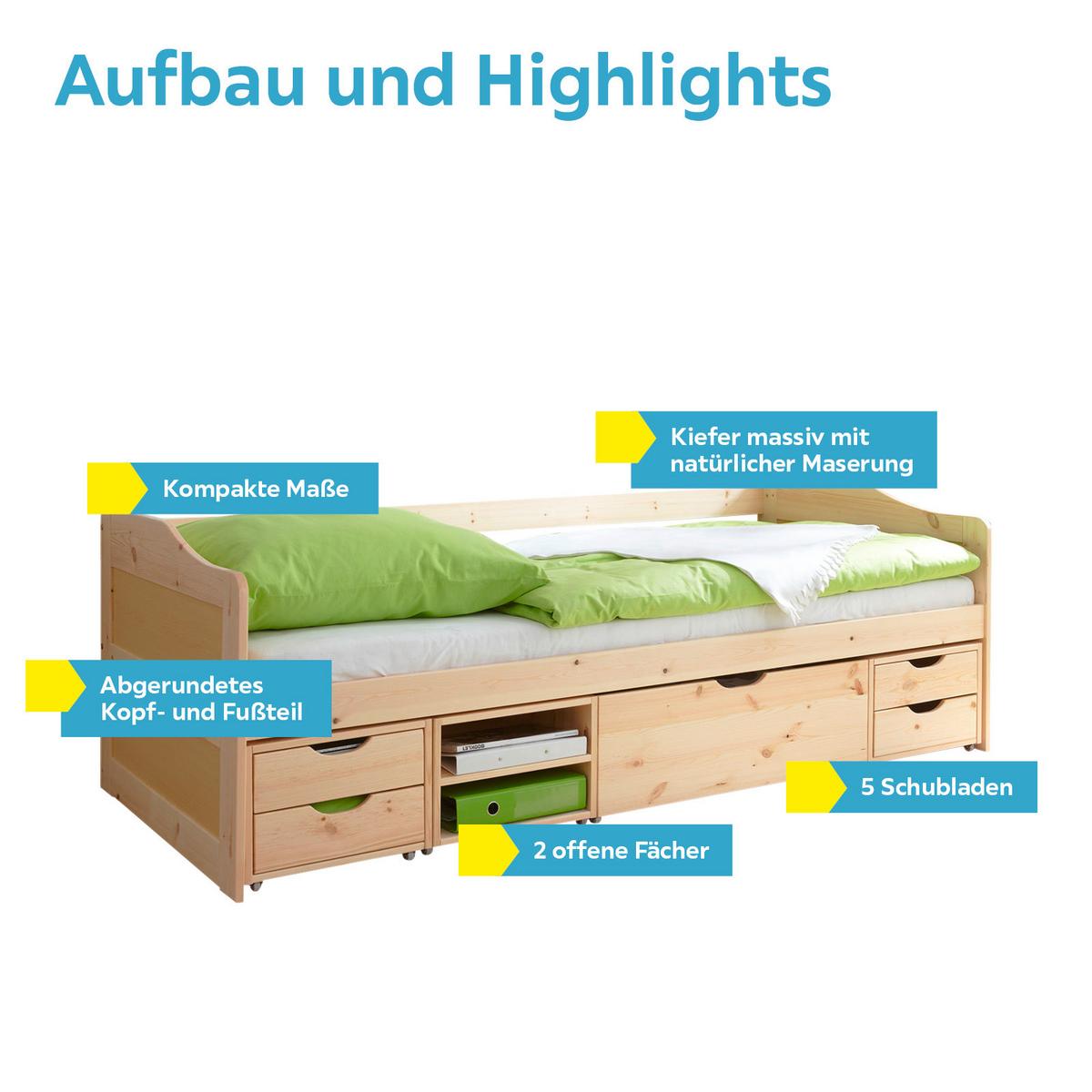 Stauraumbett Echtholz Massiv 90x200 Marlies, Kiefer Natur - Kieferfarben, MODERN, Holz (90/200cm) - MID.YOU