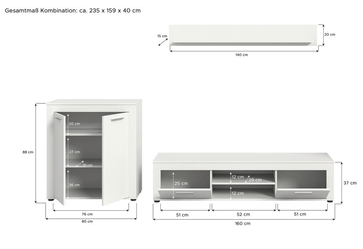 WOHNWAND Jam Weiß B: 255cm - Schwarz/Weiß, Design, Holzwerkstoff (255/159/35cm) - MID.YOU
