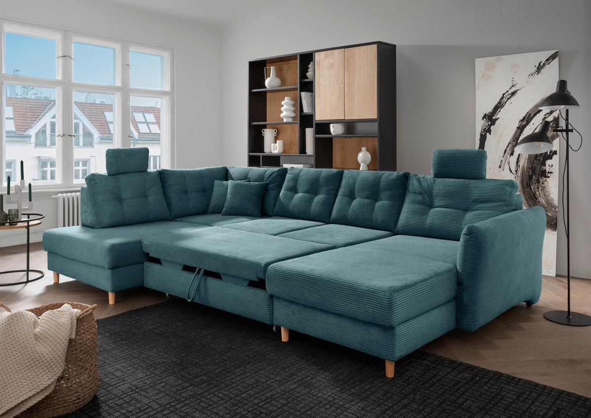 Wohnlandschaft mit Schlaffunktion, Petrol - Petrol/Naturfarben, MODERN, Textil (206/338-352/176cm) - Livetastic