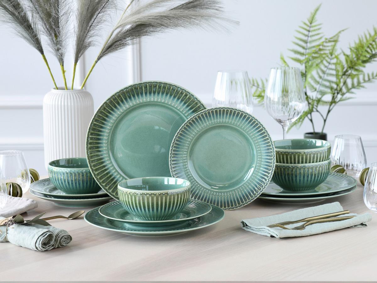 Tafelservice Celadon Grün Steinzeug, 4 Pers., 12-Teilig - Salbeigrün, Basics, Keramik - Creatable