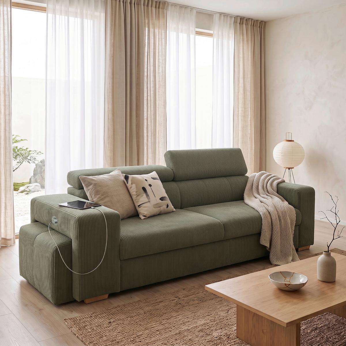 3-SitzerSofa m. Schlaffunktion Sirius S olivgrün, B: 251cm - Schwarz/Olivgrün, KONVENTIONELL, Holz/Holzwerkstoff (251/96/100cm)