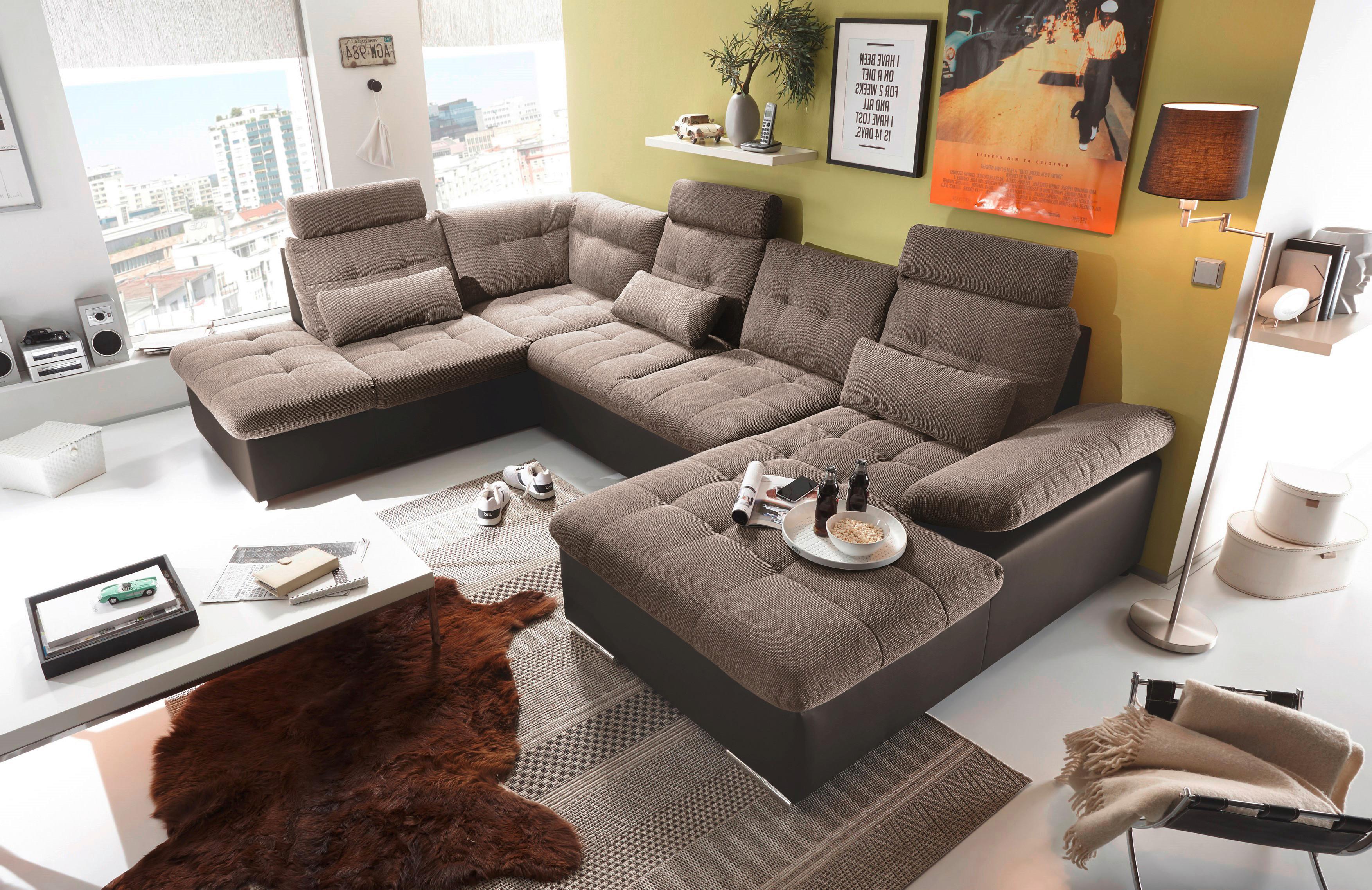 Wohnlandschaft Jakarta U mit Schlaffunktion Braun - Hellbraun/Dunkelbraun, MODERN, Holzwerkstoff/Textil (218/324/170cm) - MID.YOU