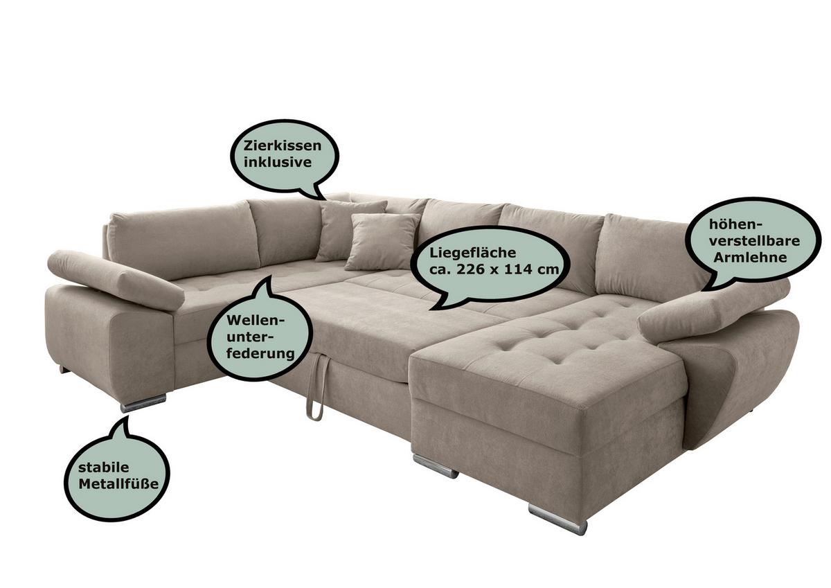 Wohnlandschaft Terana mit Schlaffunktion, Goldbraun - Chromfarben/Graubraun, KONVENTIONELL, Textil (157/305/219cm) - Livetastic