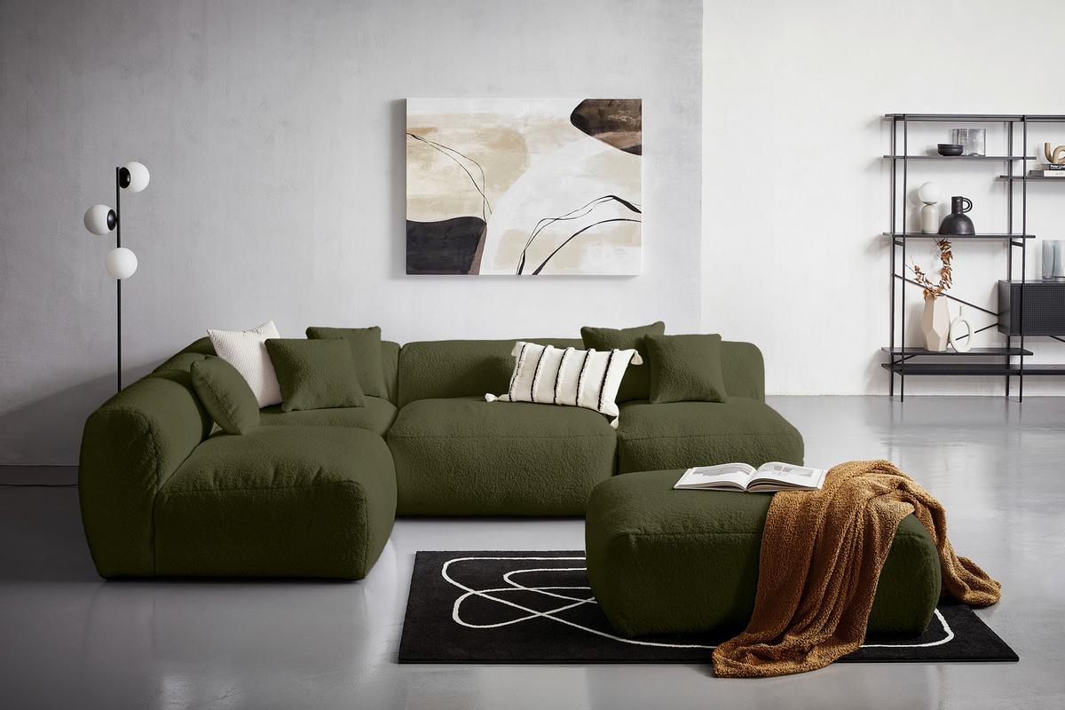 Ecksofa Bloom Olivgrün Teddystoff - Olivgrün, Trend, Textil (215/300cm) - Livetastic