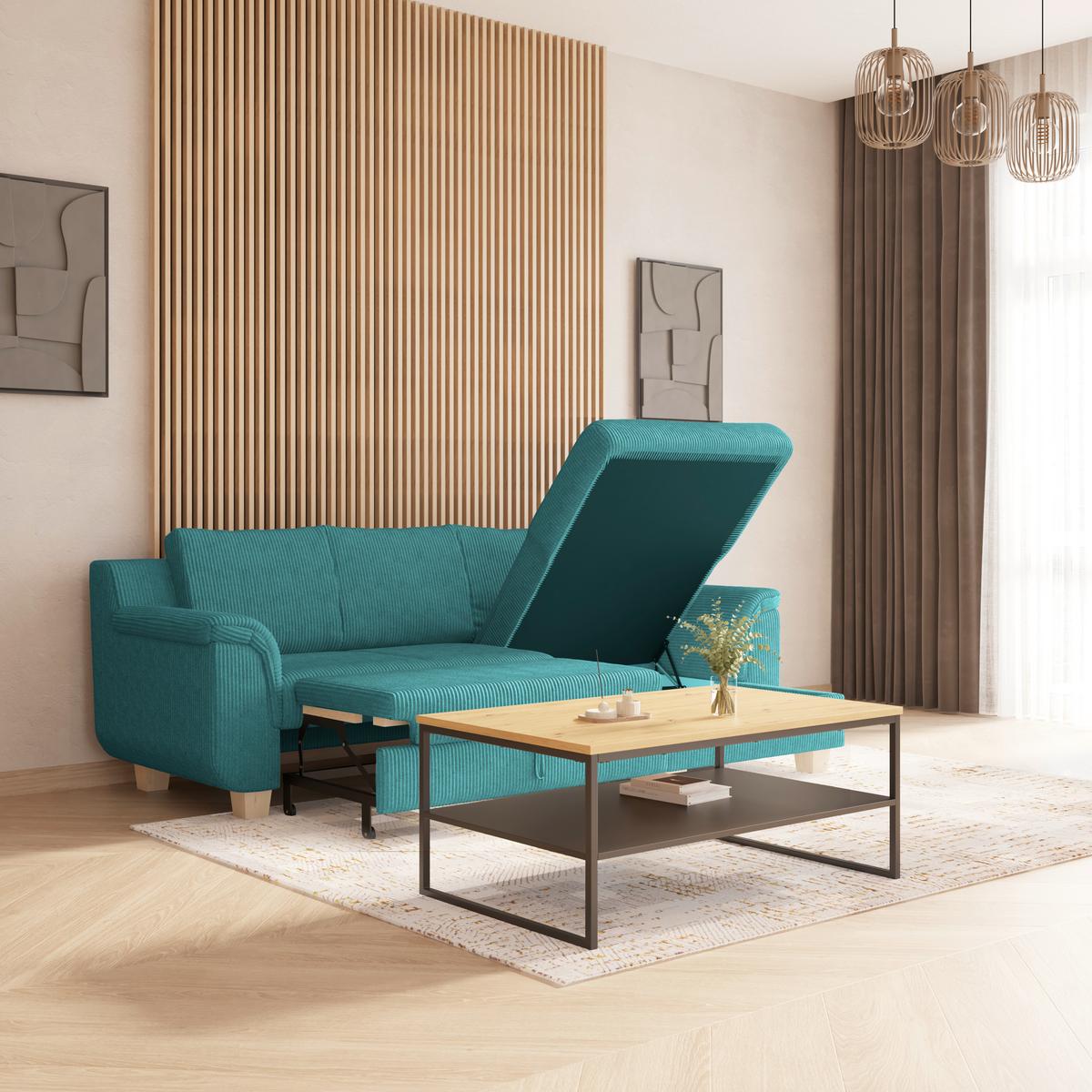 Rohová sedačka ALEX, světle modrý manšestr - přírodní barvy/světle modrá, Moderní, textil/plast (246/88cm)