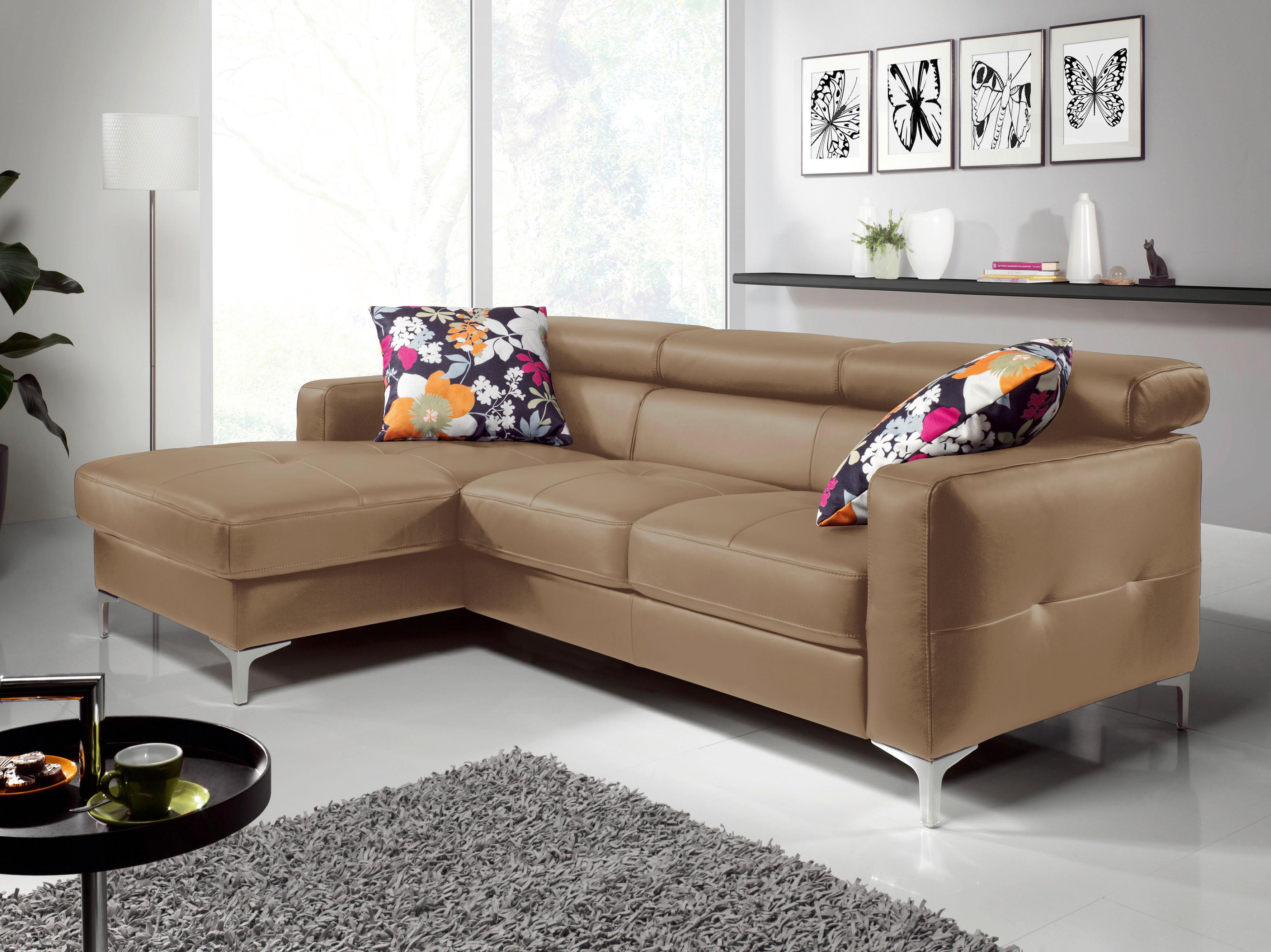 Ecksofa Mit Schlaffunktion Sammy Hellbraun Leder - Chromfarben/Hellbraun, Design, Leder (168/227cm) - Livetastic
