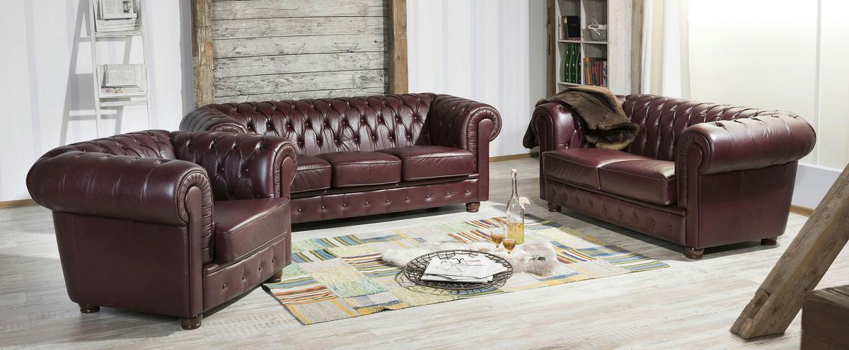 Sitzgarnitur 3-Tlg. Bridgeport Echtleder Rot - Rot/Nussbaumfarben, Design, Leder/Holz - Max Winzer