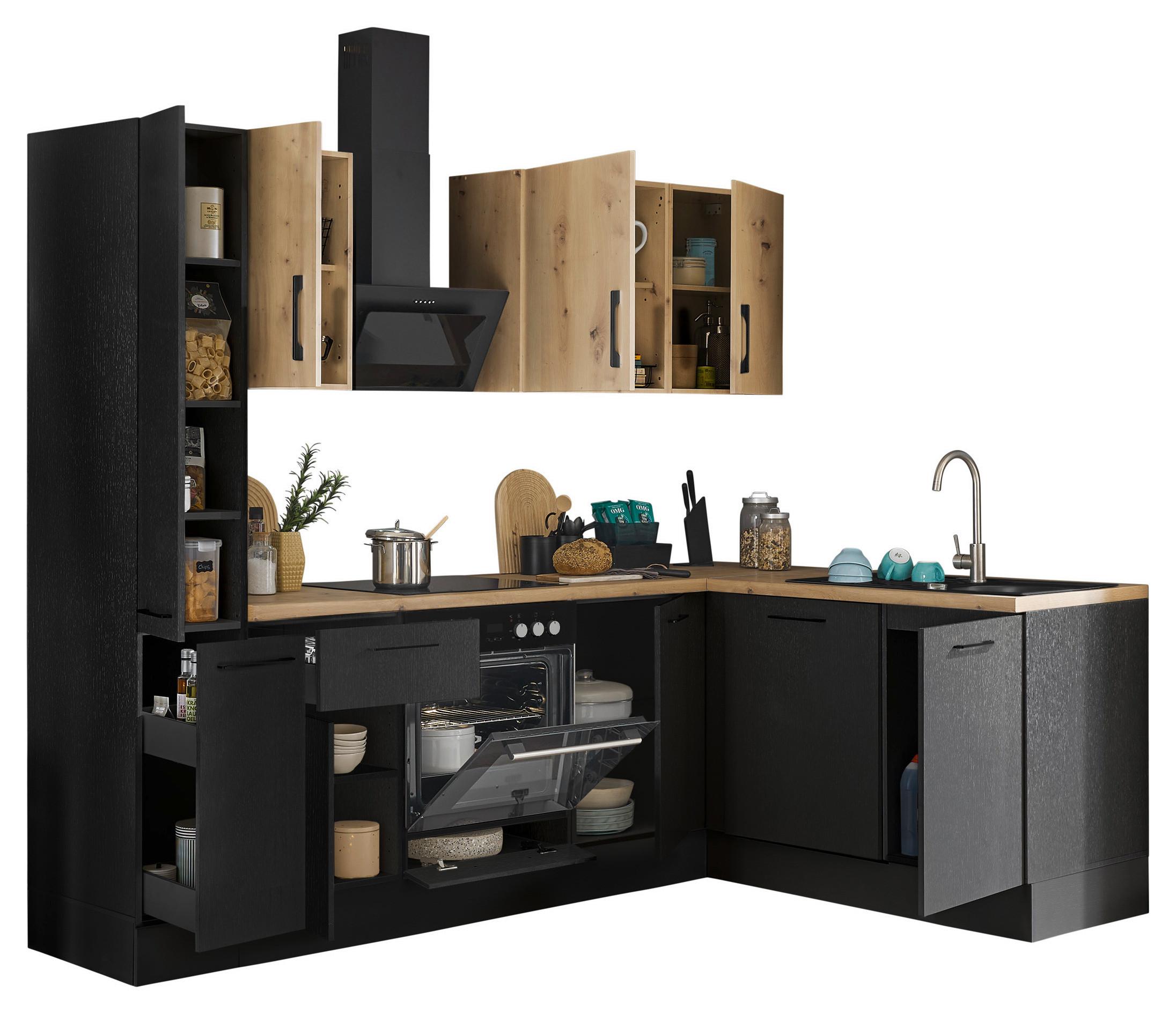 Eckküche Turin Schwarz/Eiche Dekor 250x175 cm - Schwarz/Eiche Artisan, Basics, Holzwerkstoff (250/175cm) - MID.YOU