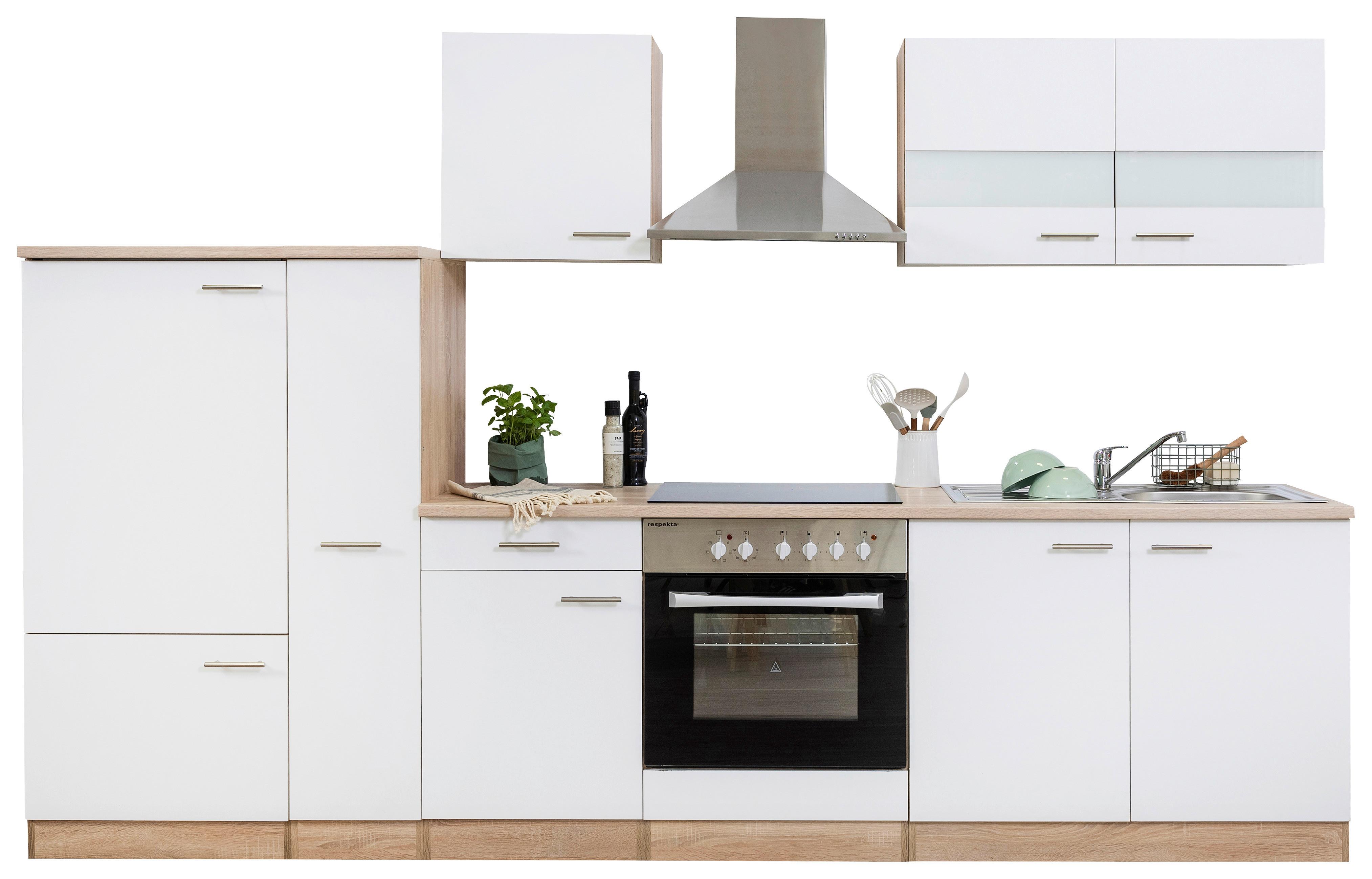 Küchenzeile ohne Geräte B: 300 cm Eiche Dekor/Weiß, Modern - Eichefarben/Weiß, Basics, Holzwerkstoff (300cm) - Respekta