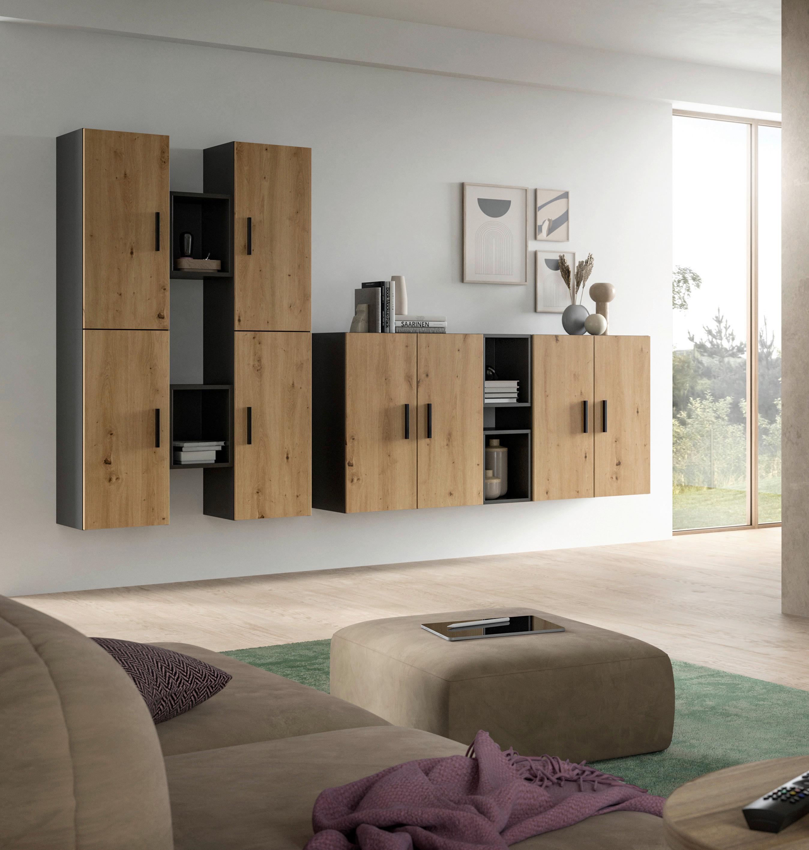 Wohnwand, The One 5, B: 270 cm Artisan Eiche Dekor/Grau - Schwarz/Eiche Artisan, Trend, Holzwerkstoff (270/182/34cm)