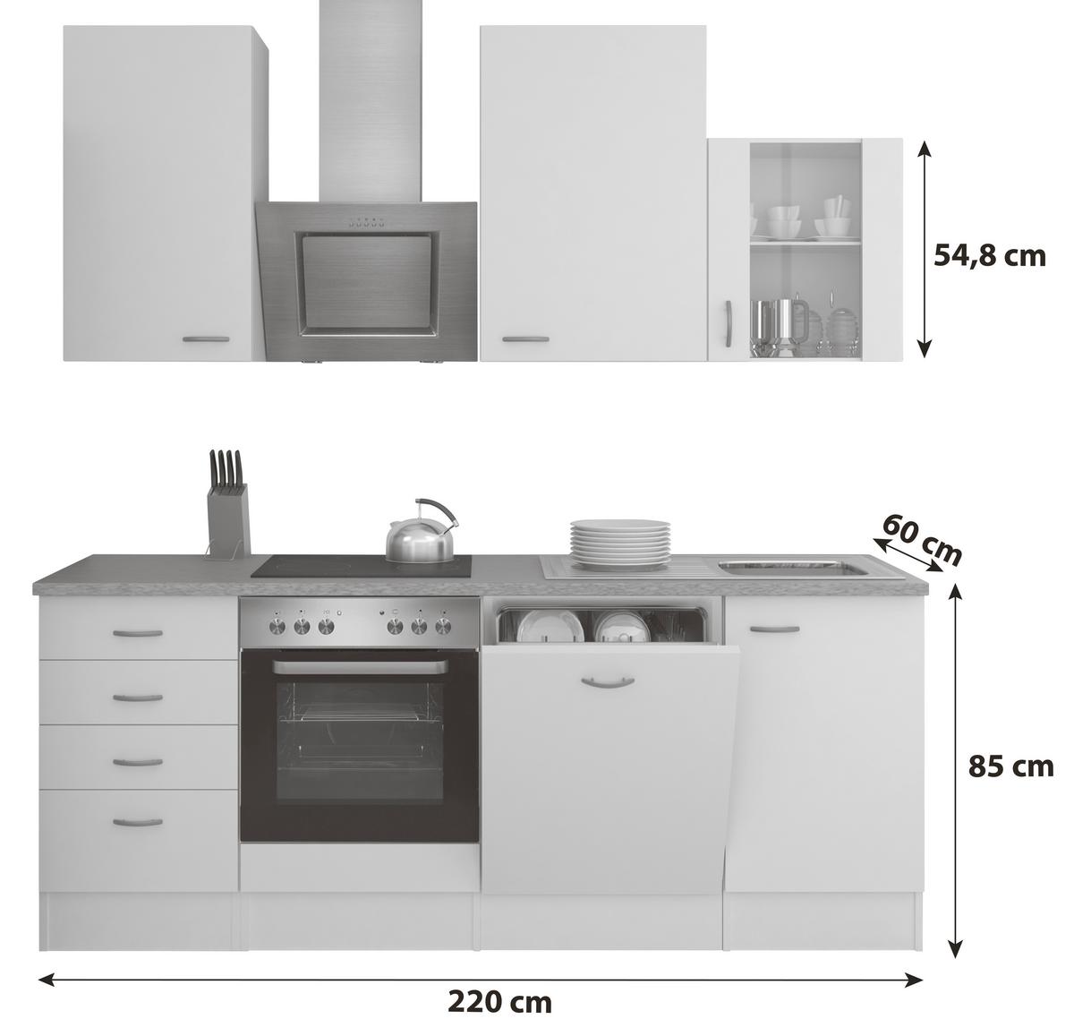 Küchenzeile Wito mit Geräten 220 cm Grau/Weiß Elegant - Hellgrau/Weiß, MODERN, Glas/Holzwerkstoff (220cm) - FlexWell