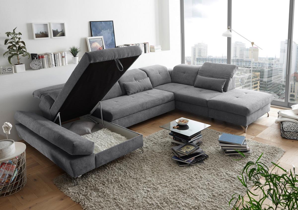 Ecksofa Melfi Dunkelgrau U: 168 Cm - Dunkelgrau/Silberfarben, MODERN, Textil (168/350/245cm) - MID.YOU