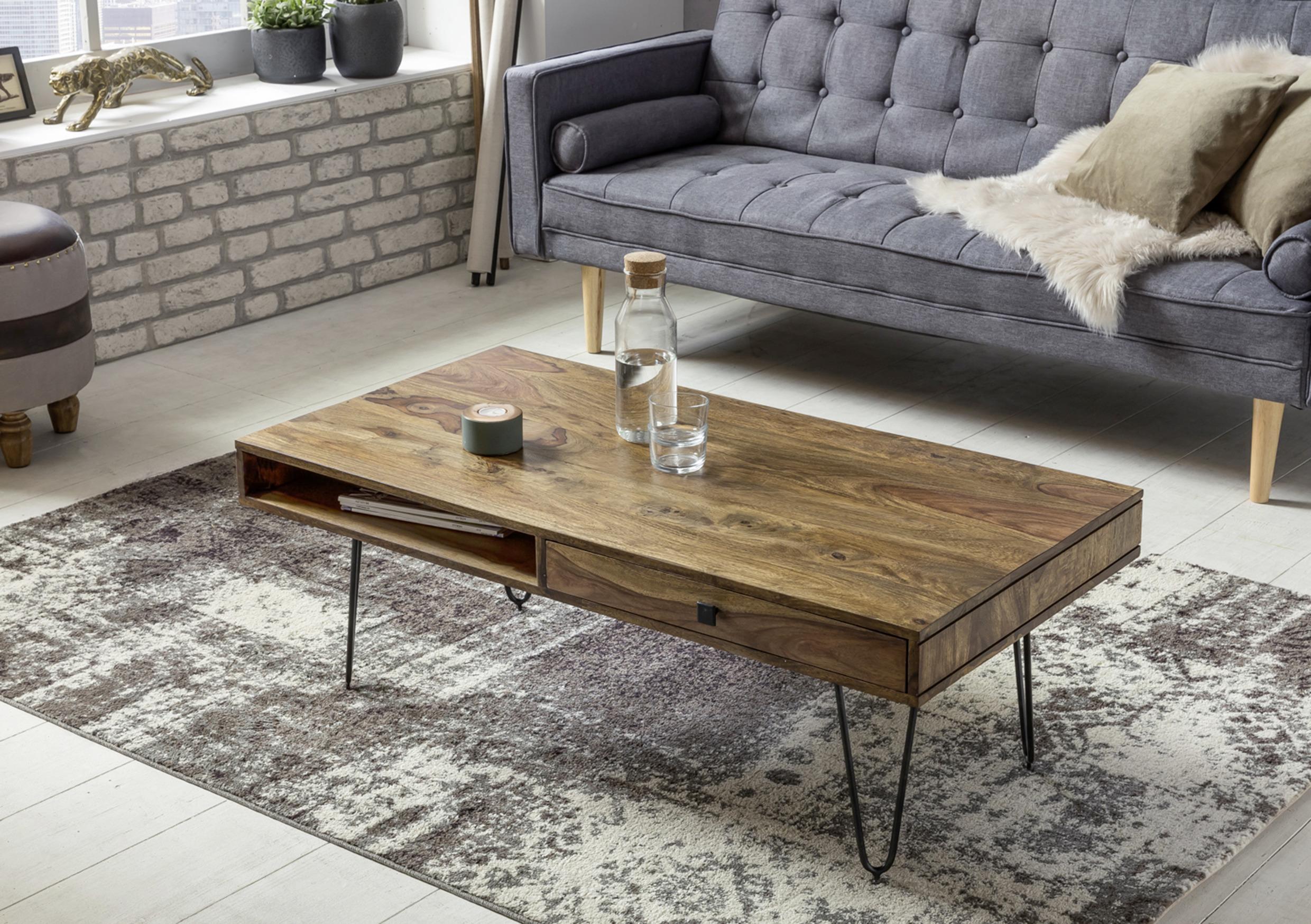 MID.YOU Couchtisch Holz mit Stauraum Bagli, Sheesham/Schwarz