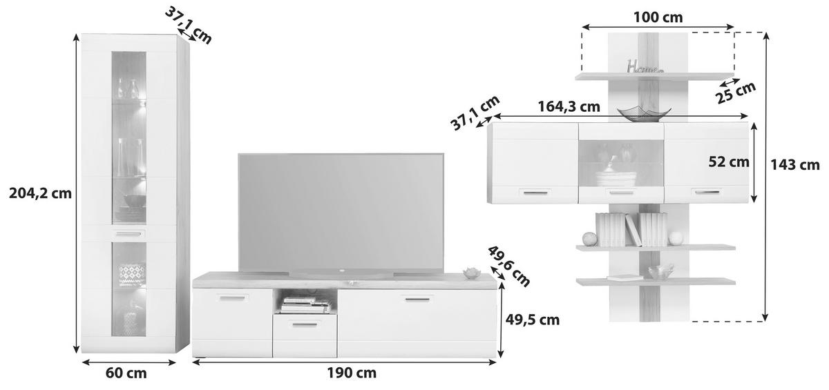 Wohnkombination 4-Tlg. Auris, Weiß/Eiche Dekor - Weiß, MODERN, Glas/Holzwerkstoff (414,3/204,2/49,6cm) - Luca Bessoni