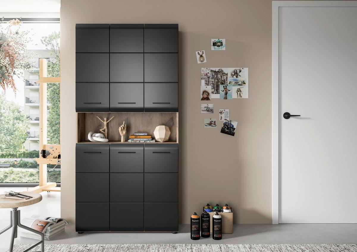 Hochschrank Ice Schwarz/Eiche Dekor B: 90cm - Eiche dunkel/Schwarz, Basics, Holzwerkstoff (90/185/30cm) - MID.YOU