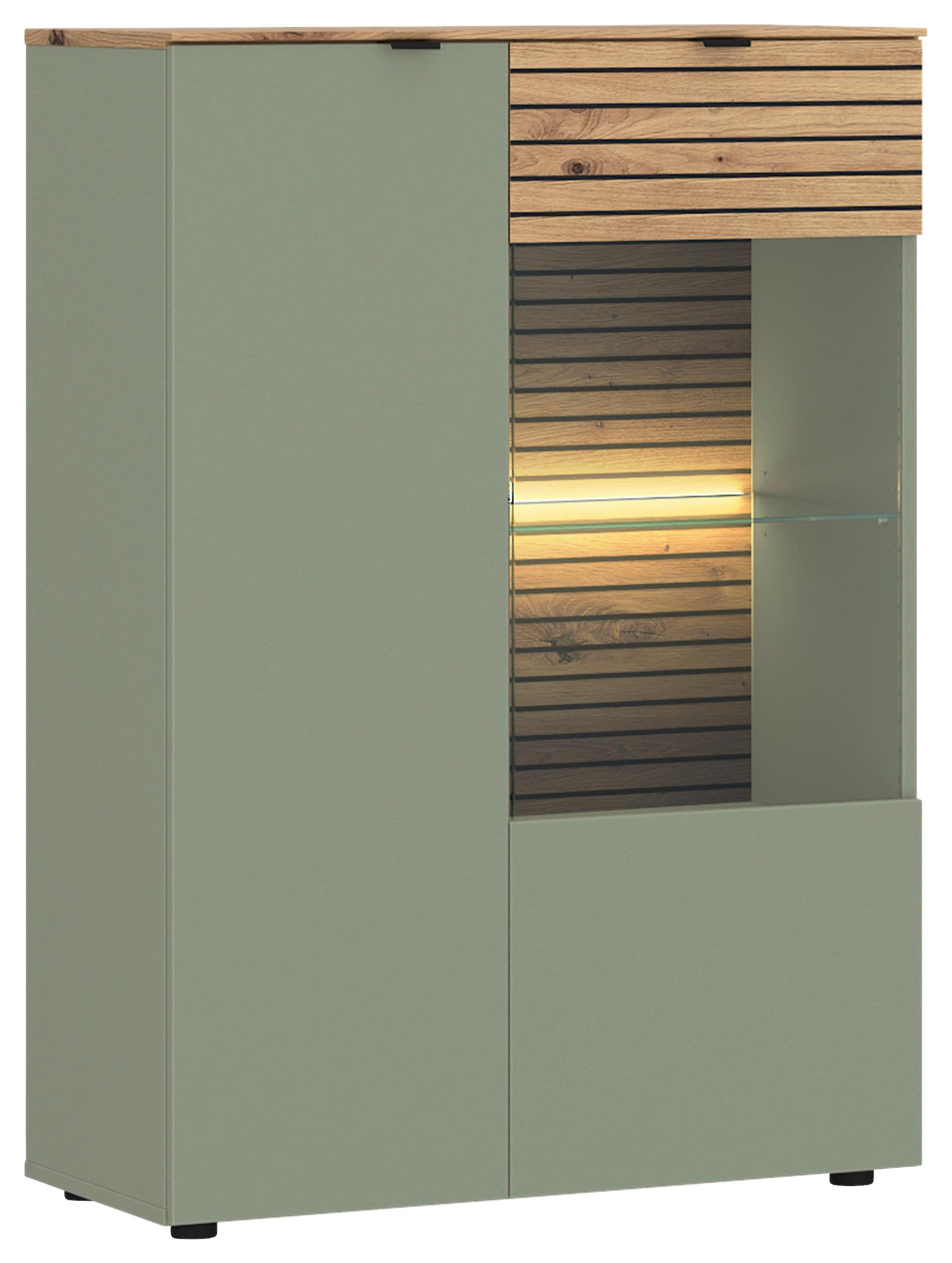 Vitrine Nexa Salbeigrün /Eiche Dekor B: 80cm - Salbeigrün/Eiche Artisan, Basics, Glas/Holzwerkstoff (80/116/40cm)