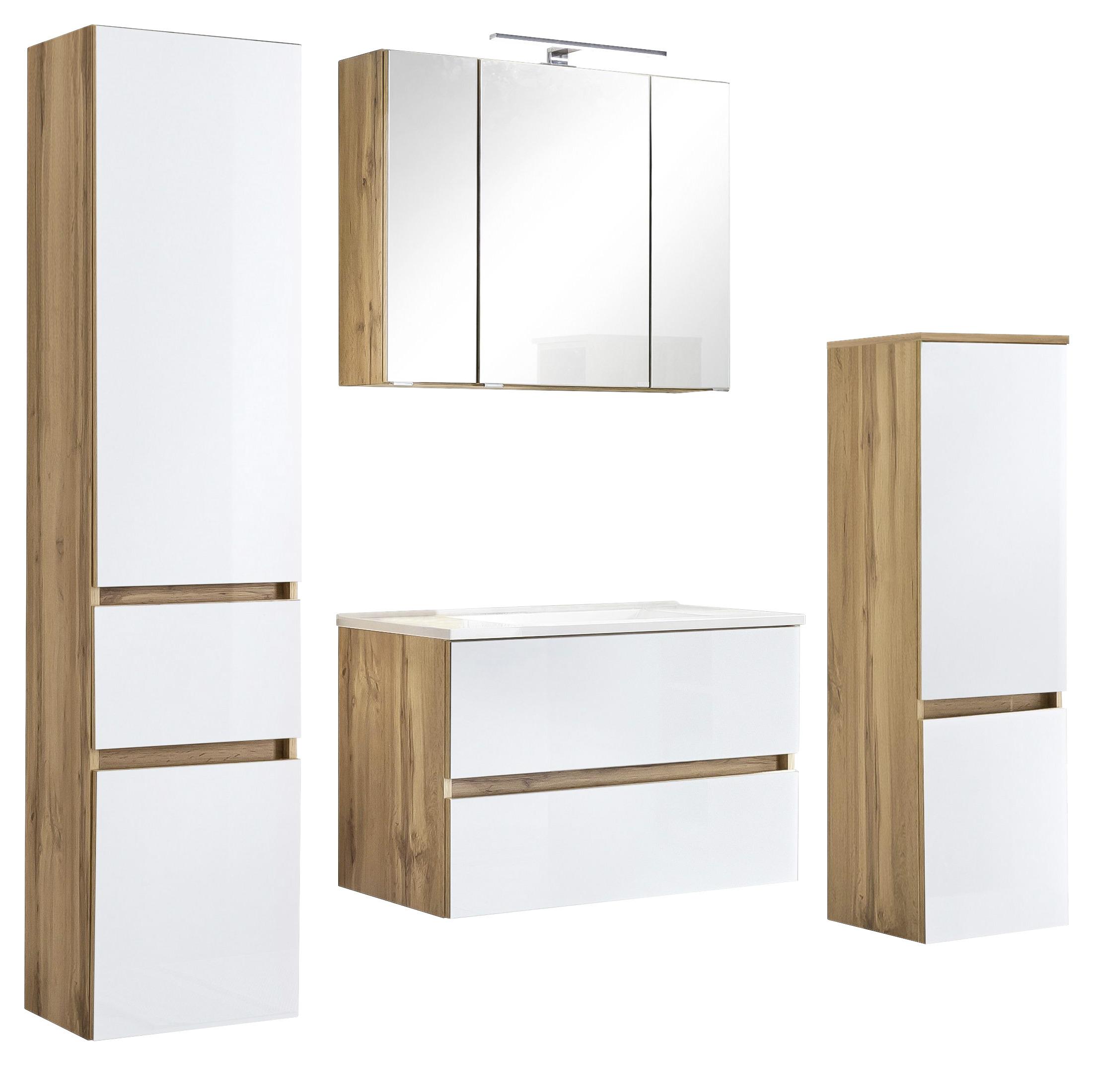 Badmöbel-Set 4-Teilig inkl. LED Helsinki, Weiß/Eiche - Eichefarben/Weiß, KONVENTIONELL, Glas/Holzwerkstoff (120cm) - Held
