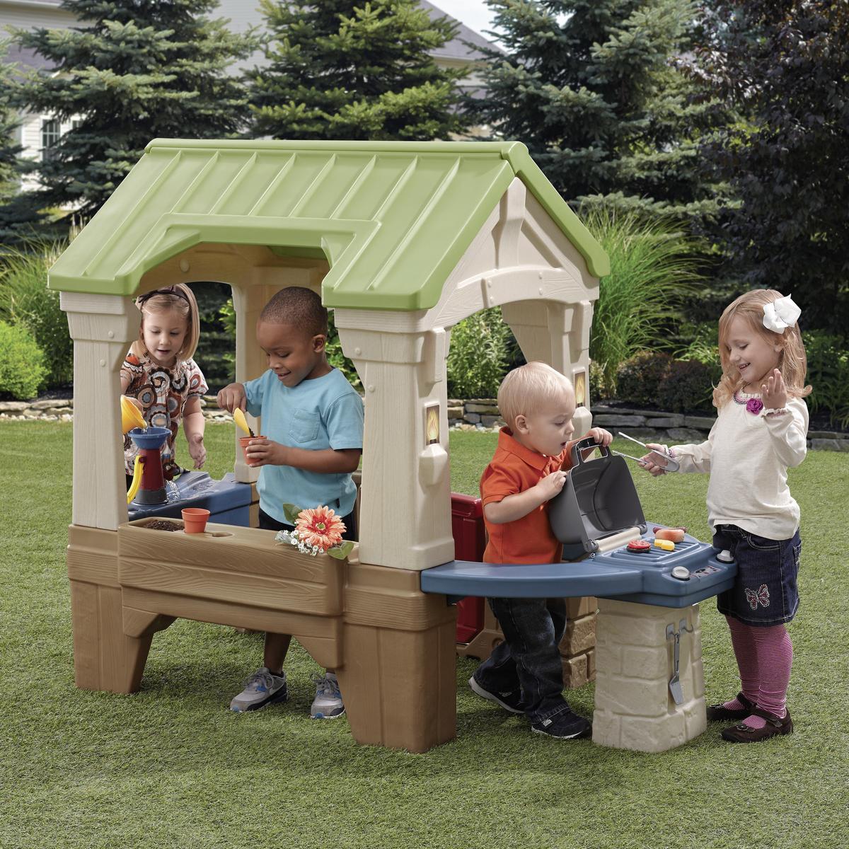 Spielhaus Kunststoff Mit Wasserpumpe Braun, Grün, Blau - Basics, Kunststoff (179,1/137,2/95,3cm) - Ambia Garden