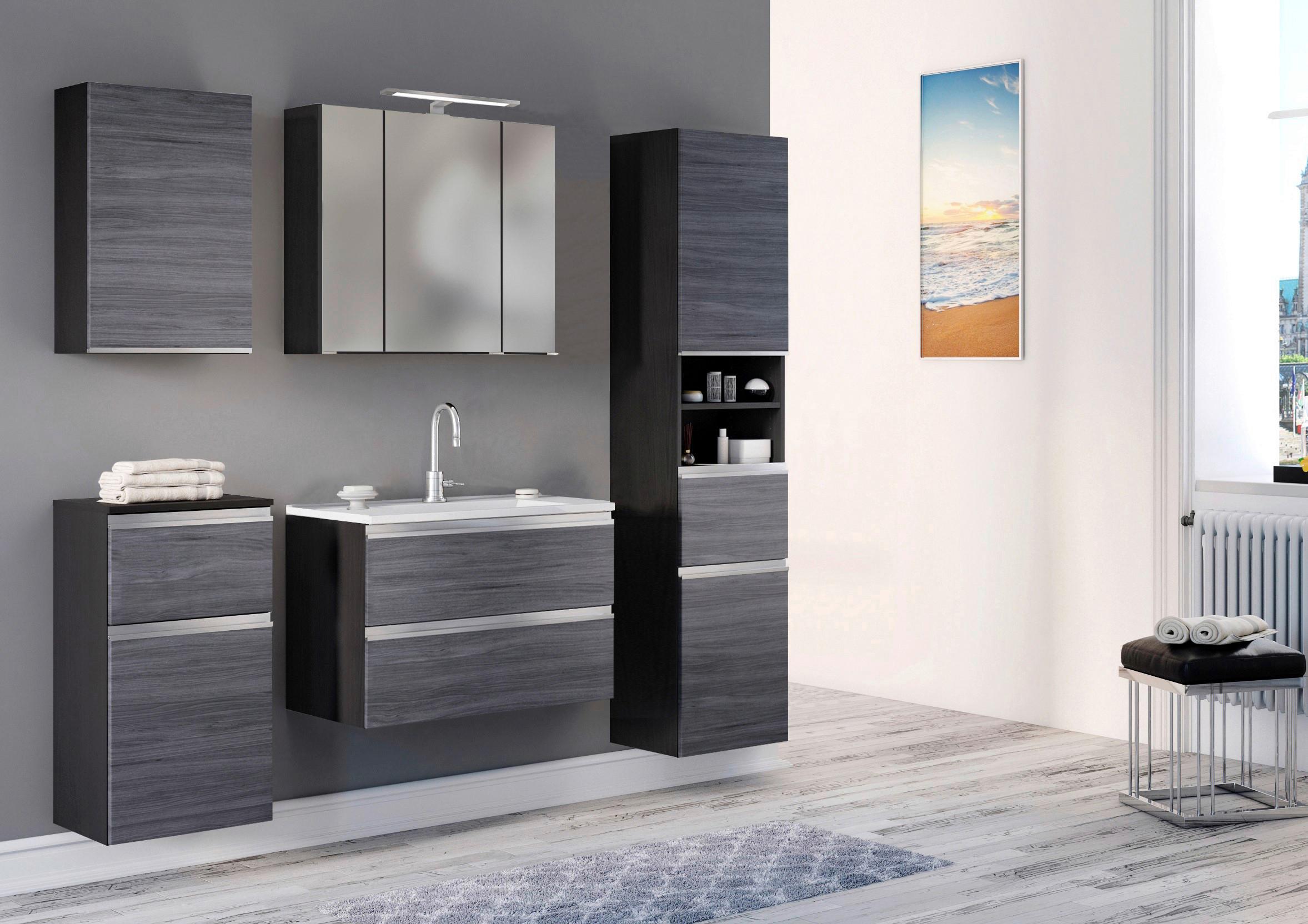 Badmöbel-Set 3-Tlg. inkl. LED Arezzo B: 60cm, Eiche Dekor - Eichefarben/Silberfarben, Basics, Holzwerkstoff/Stein (80cm) - Held