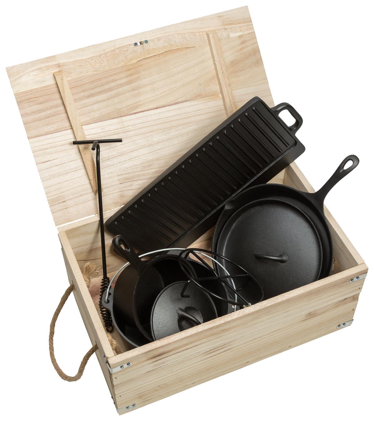 Dutch-Oven-Set Gusseisen in Holzbox - Schwarz, Basics, Metall (55/34/24cm)