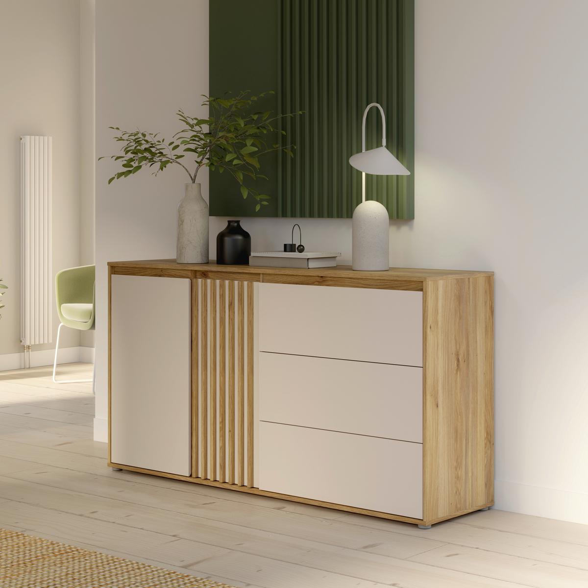 Komód Eliston - tölgyfa színű/homokszínű, Natur, műanyag/faalapú anyag (159,3/84,9/41,5cm) - Modern Living