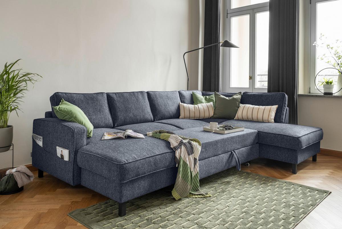Sedačka MELANIE U, pravá, tm.modrá, úl.prostor a lůžko - černá/tmavě modrá, dřevo/textil (148/298/198cm) - MID.YOU