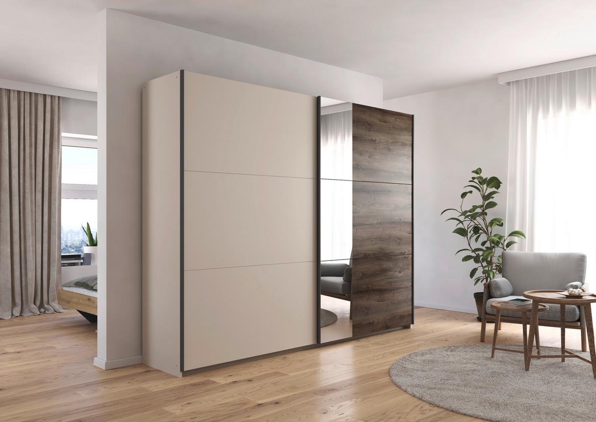 Schwebetürenschrank Sajo-Extra 218cm, Champagner - Eiche dunkel/Klar, Trend, Holzwerkstoff (218/210/59cm)