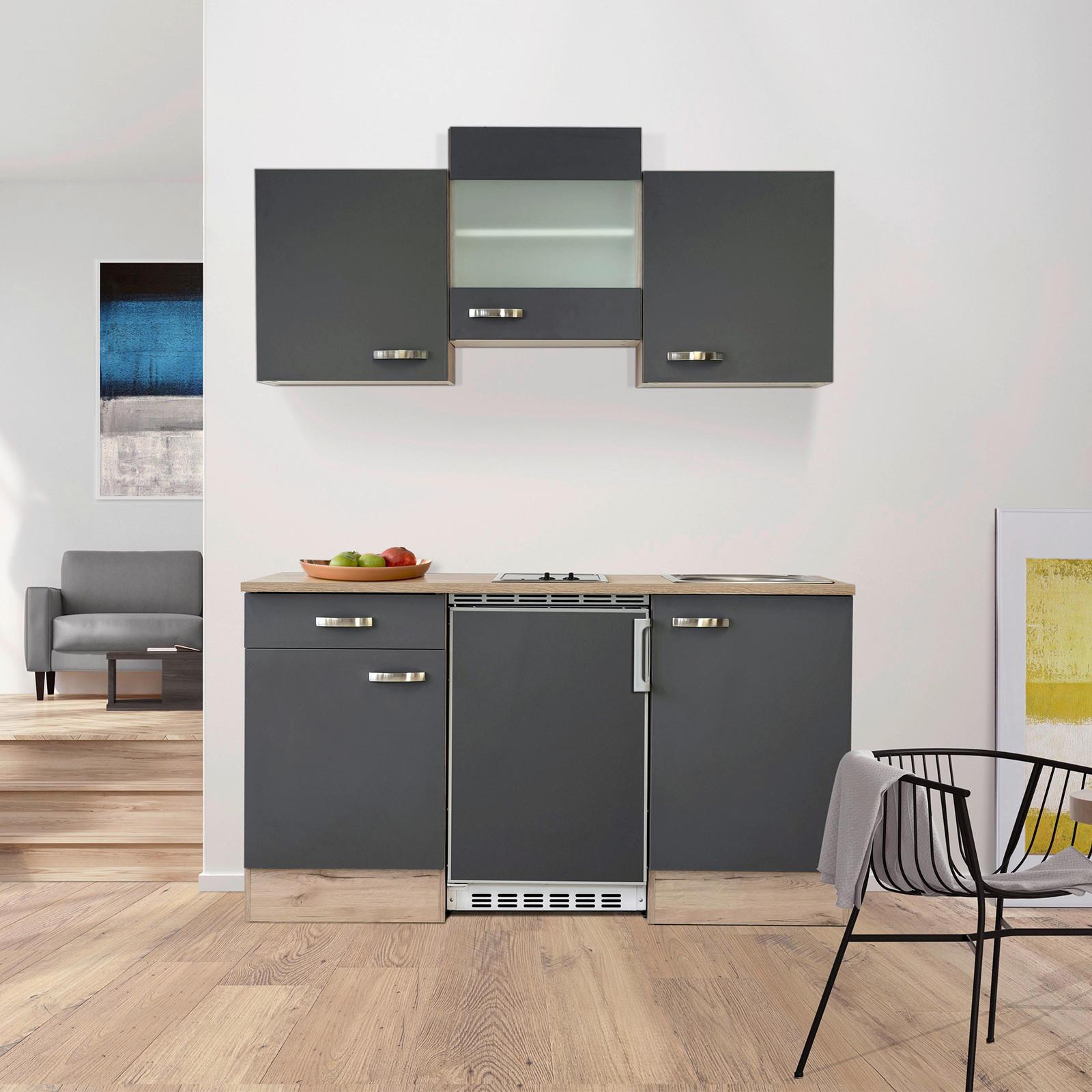 Küchenzeile Shadow mit Geräten 150 cm Grau/Eiche Dekor - Eiche San Remo/Grau, MODERN, Glas/Holzwerkstoff (150,5/209/60cm)