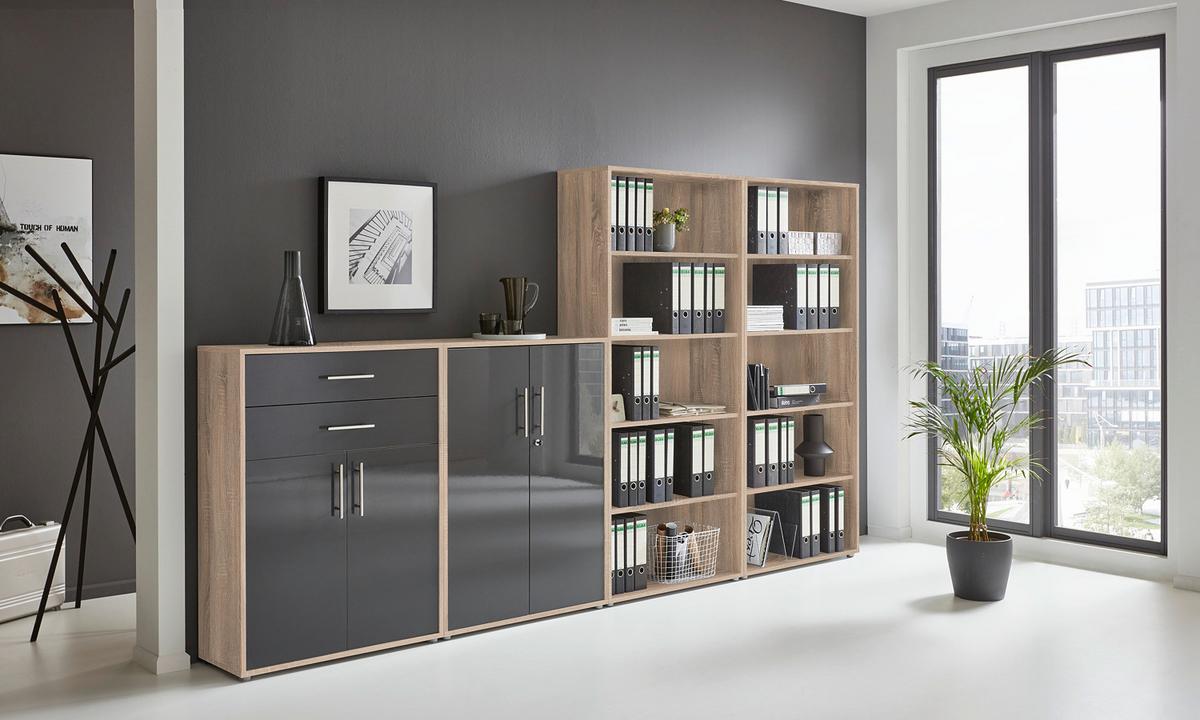 Aktenschrank Office Edition Anthr. Hg/eiche D. B: 337,6cm - Anthrazit Hochglanz/Sonoma Eiche, MODERN, Holzwerkstoff (337,6/185,6/33cm) - MID.YOU