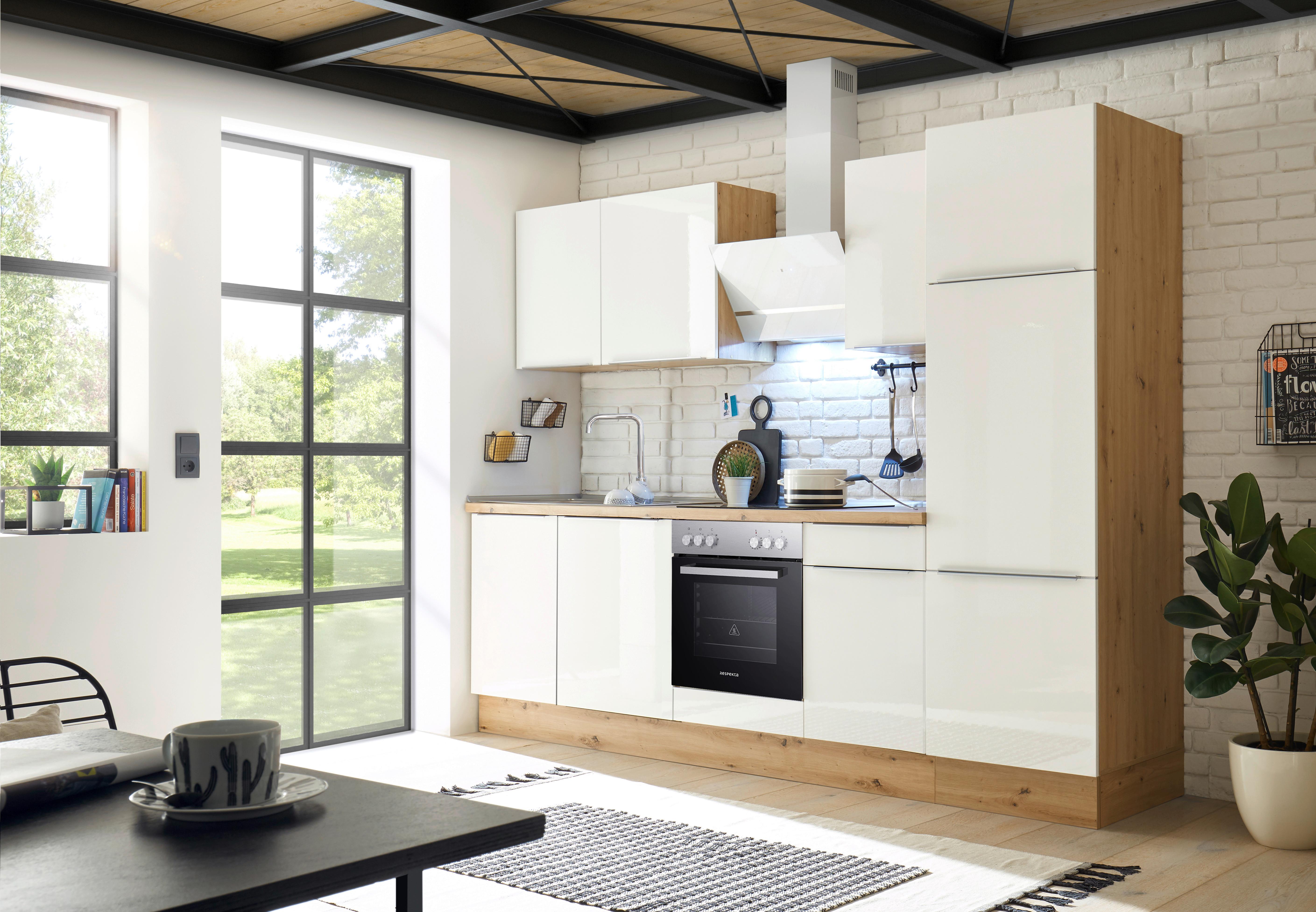 Küchenzeile mit Geräten B: 280 cm Weiß/Eiche Dekor - Weiß Hochglanz/Eiche Artisan, LIFESTYLE, Holzwerkstoff (280/211/60cm) - Respekta