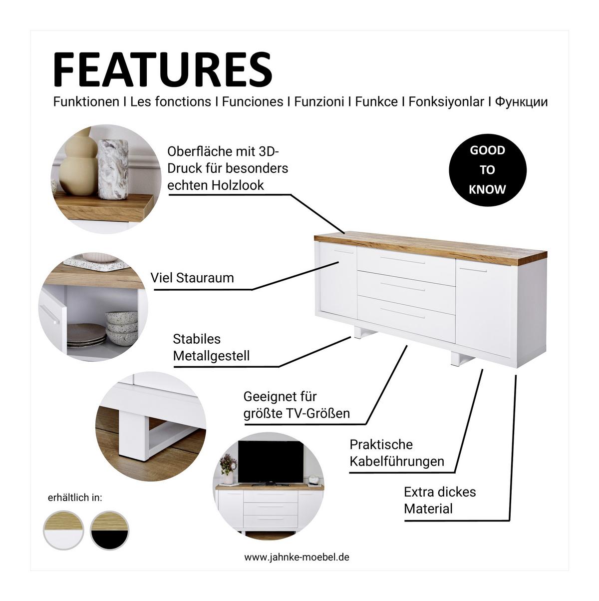 Sideboard 180 cm Scope Sb 180 Weiß Kerneiche Dekor - Eichefarben/Weiß, KONVENTIONELL, Holzwerkstoff (180/75/39,50cm) - Livetastic
