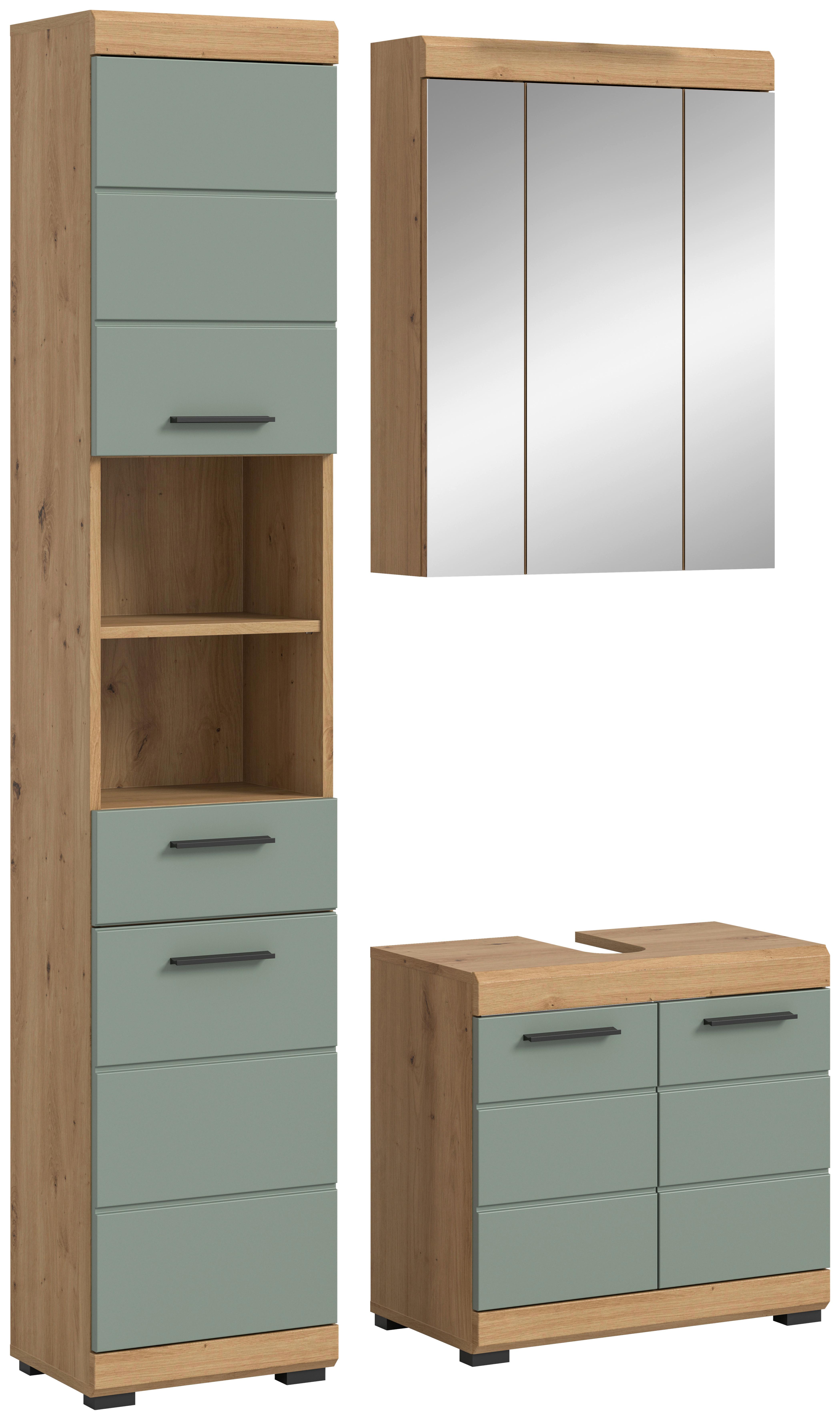 Badezimmer Scout Eiche Dekor/Salbeigrün B: 97cm - Salbeigrün/Eichefarben, MODERN, Glas/Holzwerkstoff (97cm) - MID.YOU