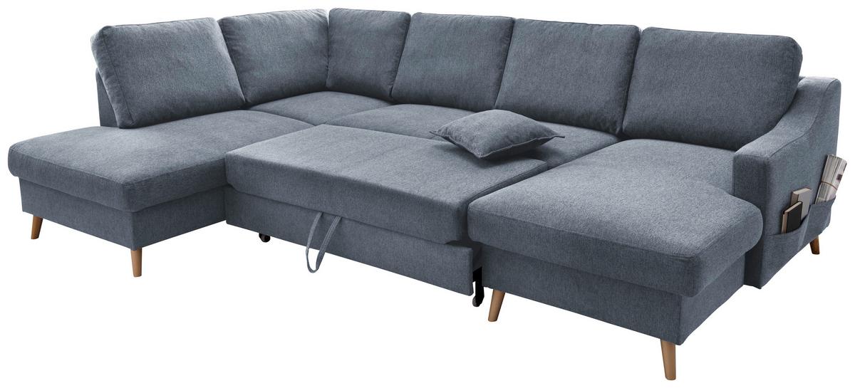Wohnlandschaft Valentina Mit Schlaffunktion Blau - Blau/Naturfarben, KONVENTIONELL, Textil (200/301/150cm) - P & B