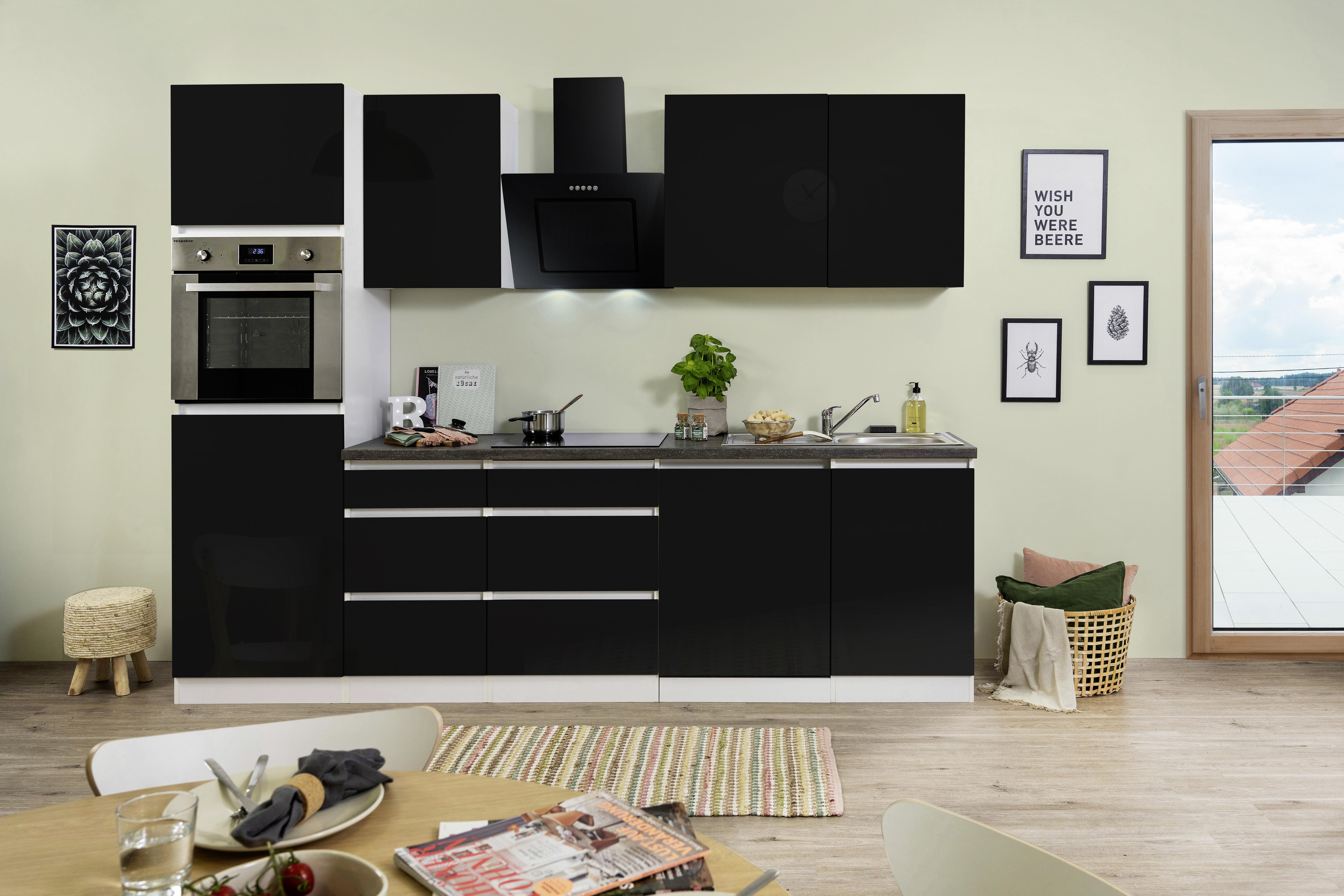 Küchenzeile Premium mit Geräten 280 cm Weiß/Schwarz Hochglanz - Schwarz/Weiß, MODERN, Holzwerkstoff (280cm) - Respekta