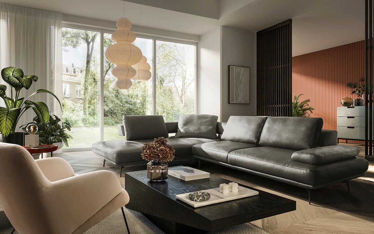 Ecksofa Como Echtleder Grau 237x306 - Schwarz/Grau, Design, Leder (237/306cm) - Livetastic