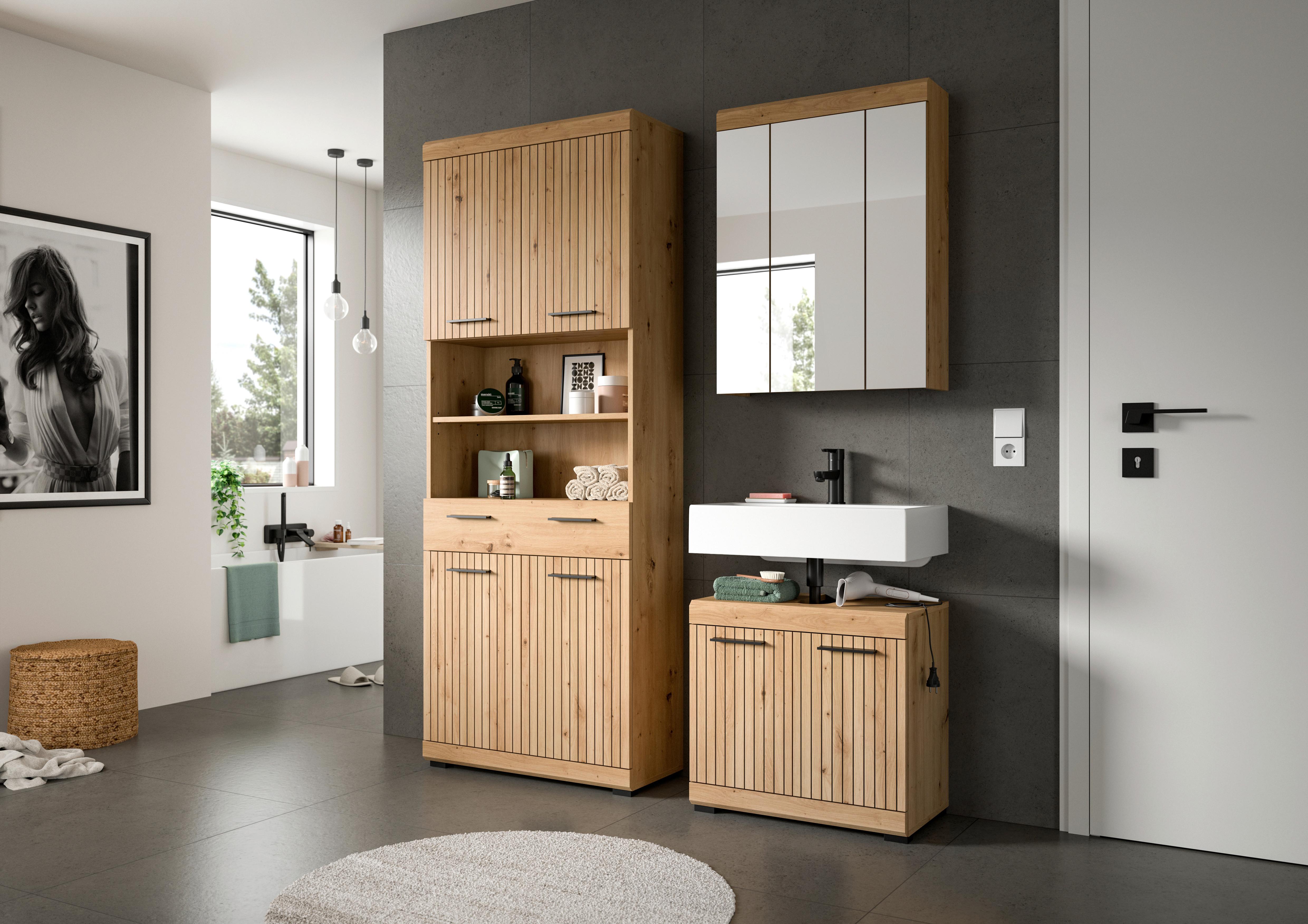 Badezimmer Scout Eiche Artisan Dekor B: 134cm - Schwarz/Eiche Artisan, Trend, Glas/Holzwerkstoff (134cm) - MID.YOU