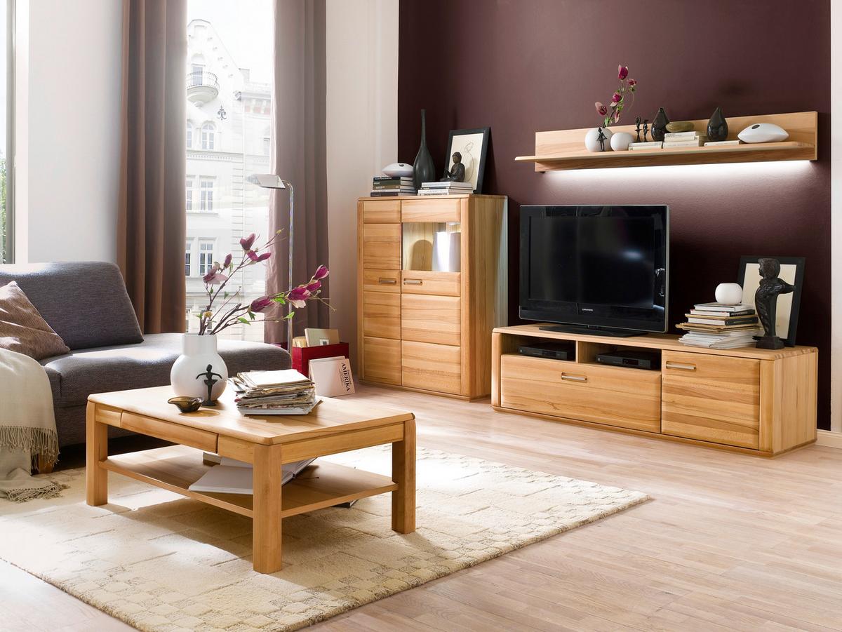 Wohnkombination teilmassiv 3--Teilig. Sena Buchefarben - Buchefarben, Design, Glas/Holz (300/176/51cm) - Livetastic