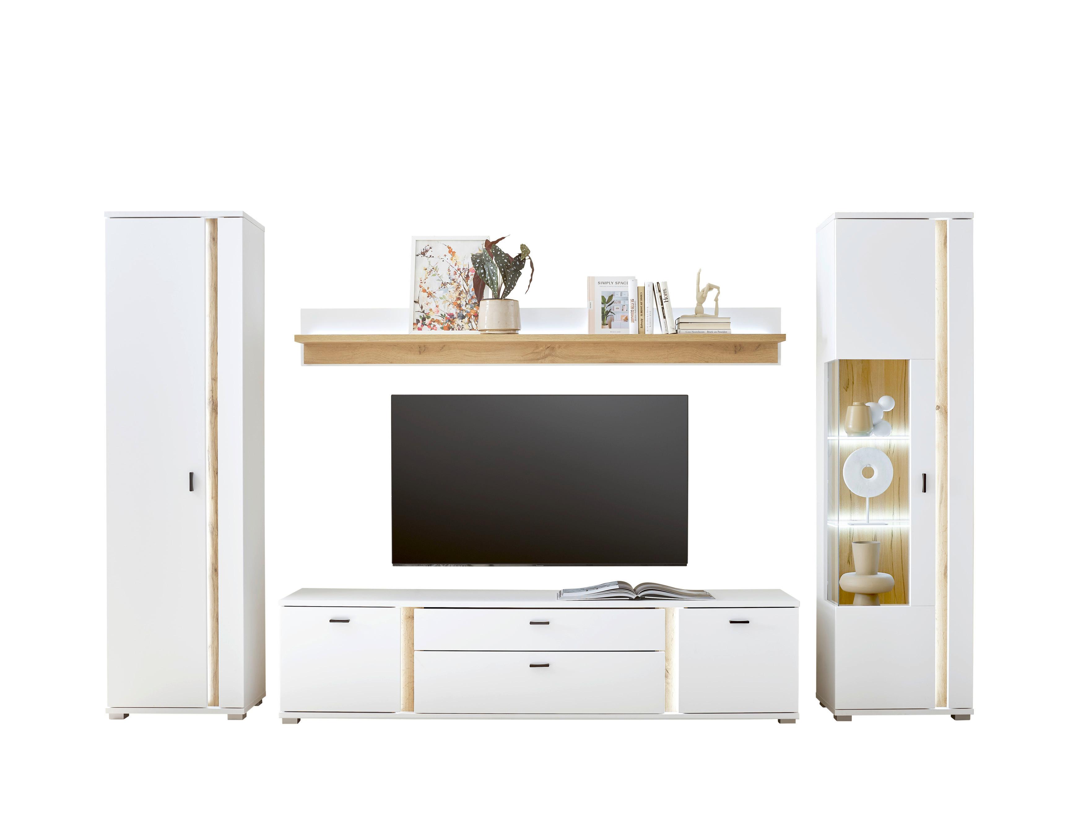 Wohnwand Long Island Weiß/Eiche Wotan B: 330cm - Silberfarben/Eiche Wotan, Design, Glas/Holzwerkstoff (330/200/42cm) - MID.YOU